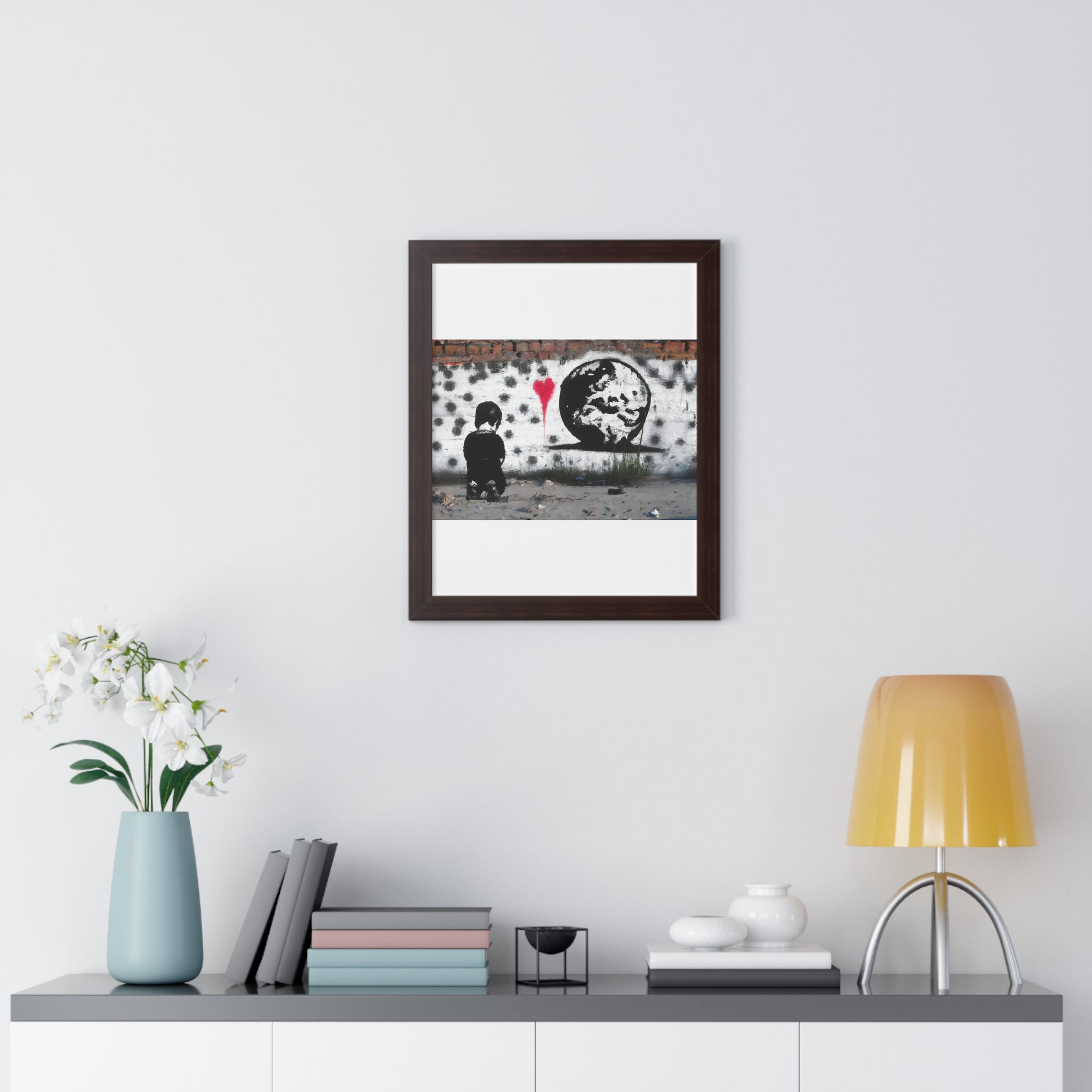 "BANKSY-STYLE GRAFFITI OF A SAD CHILD LOOKING AT DESTROYED EARTH" Framed Vertical Poster