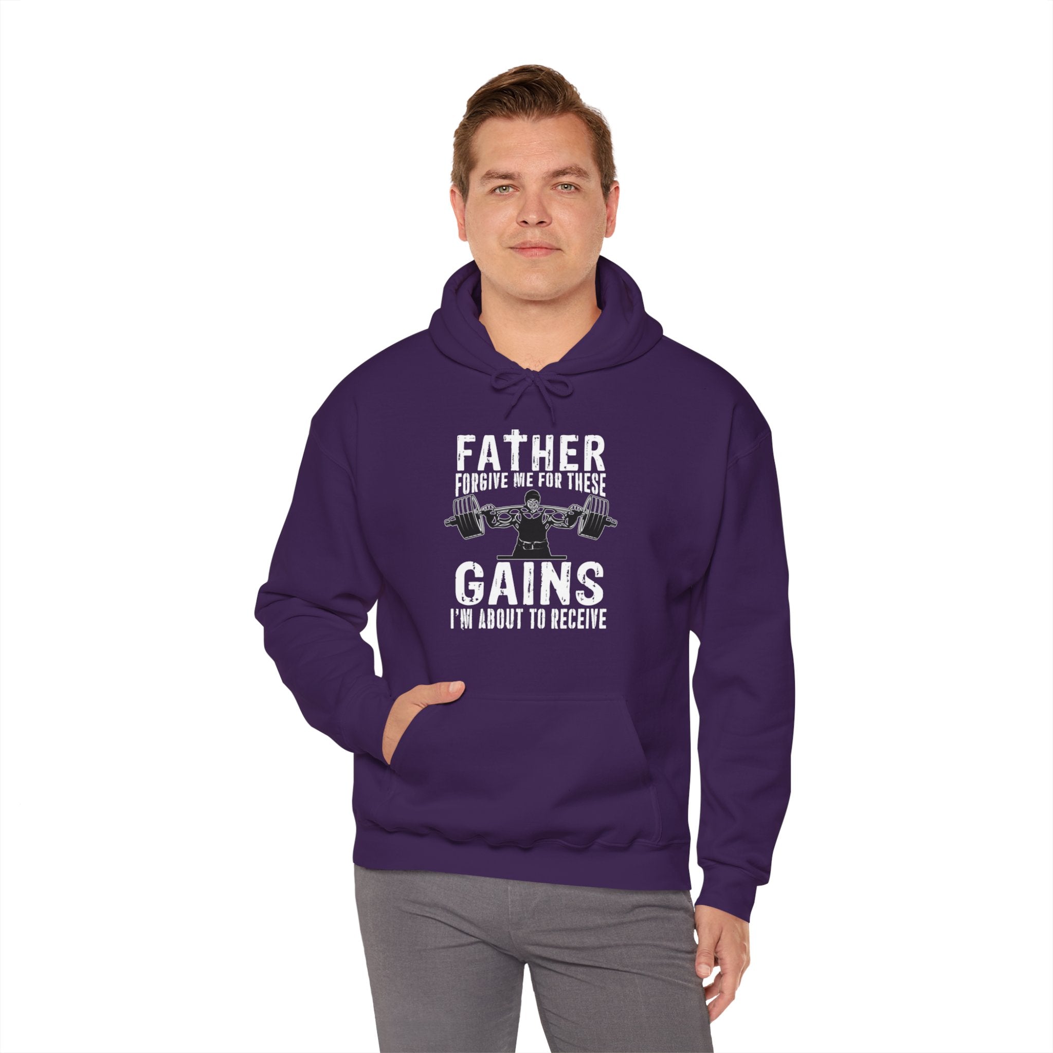 "Father Forgive Me For These Gains I M About  To Receive" Unisex Heavy Blend™ Hooded Sweatshirt