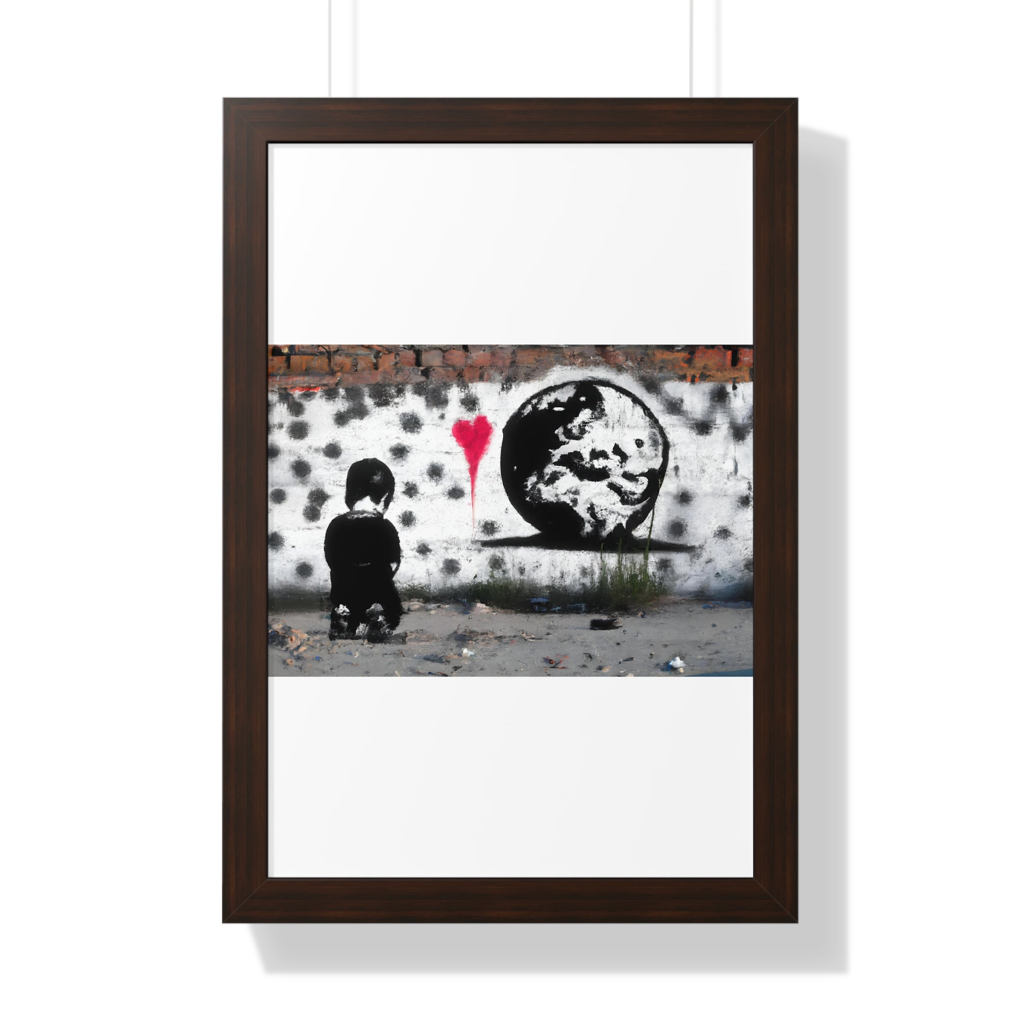 "BANKSY-STYLE GRAFFITI OF A SAD CHILD LOOKING AT DESTROYED EARTH" Framed Vertical Poster