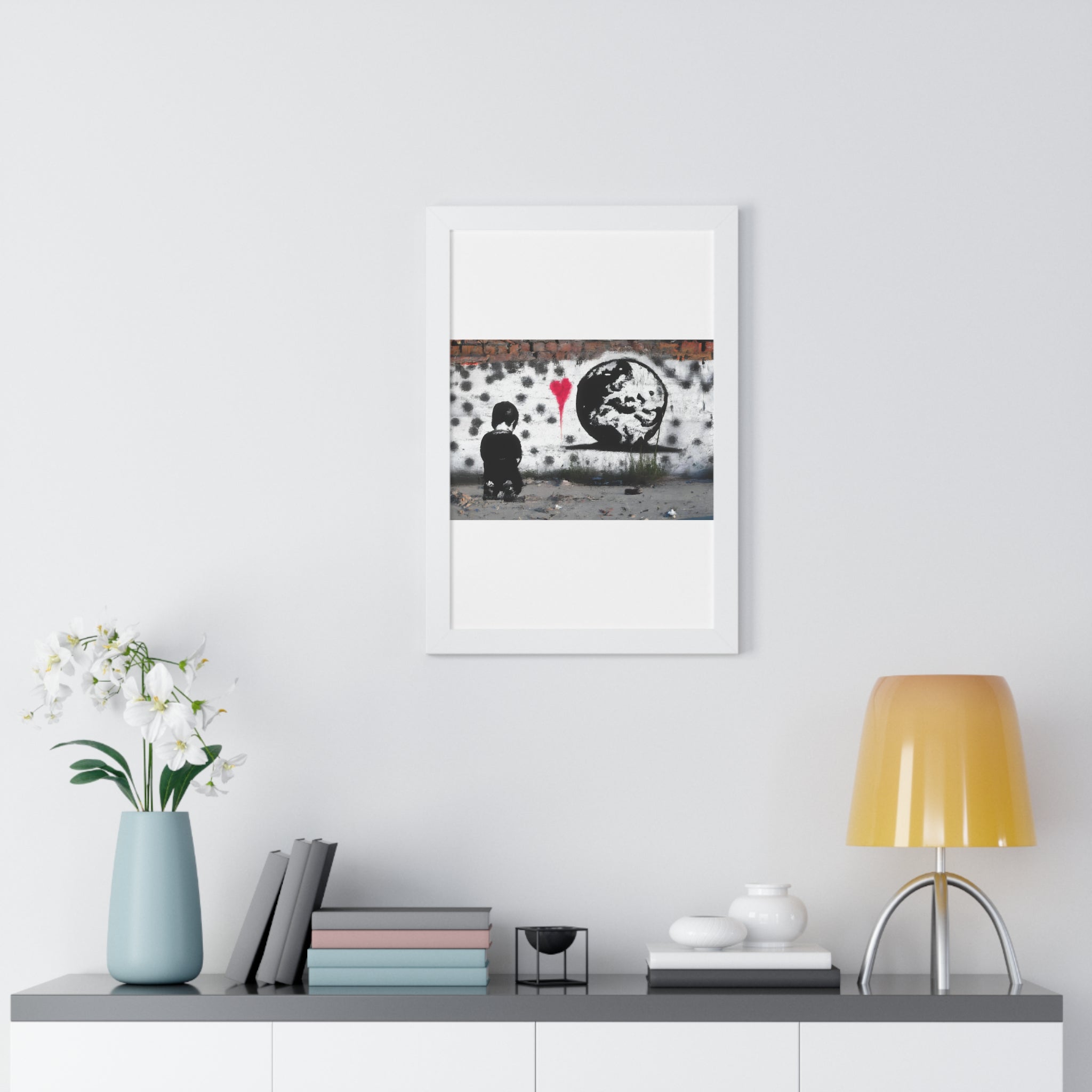 "BANKSY-STYLE GRAFFITI OF A SAD CHILD LOOKING AT DESTROYED EARTH" Framed Vertical Poster