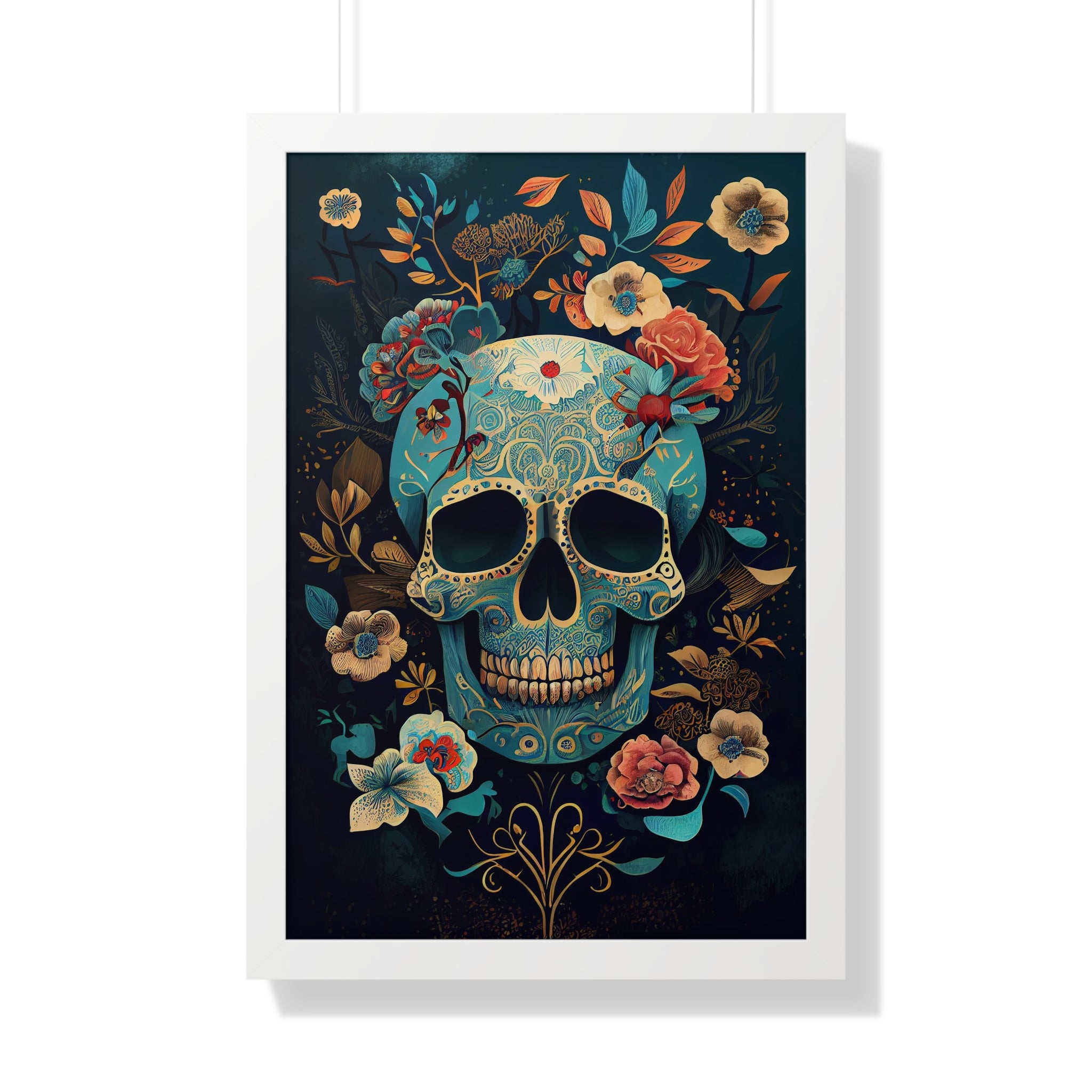 "BLUE CHINOISERIE SUGAR SKULL" Framed Vertical Poster