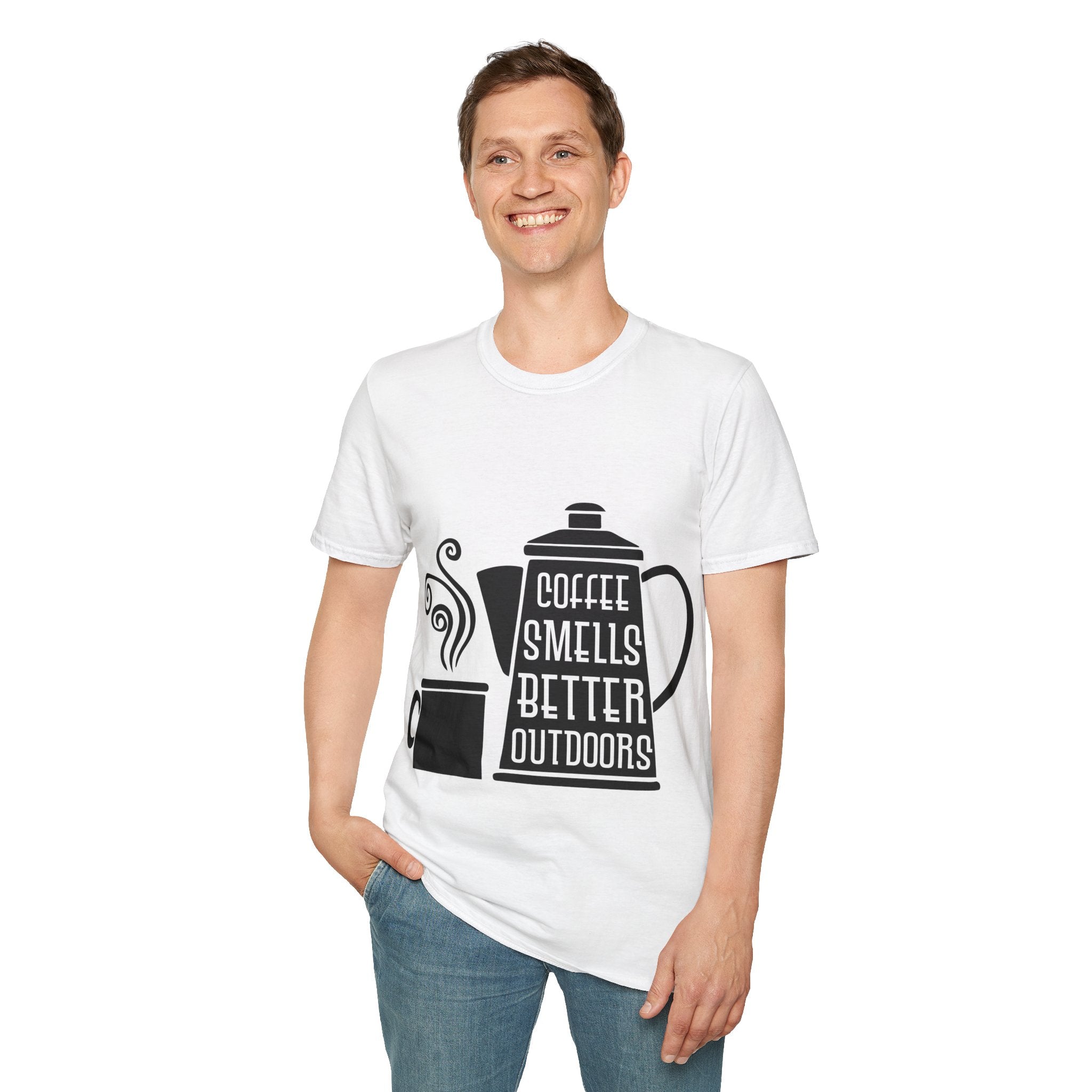 "COFFEE SMELLS BETTER OUTDOORS" Unisex Soft style T-Shirt