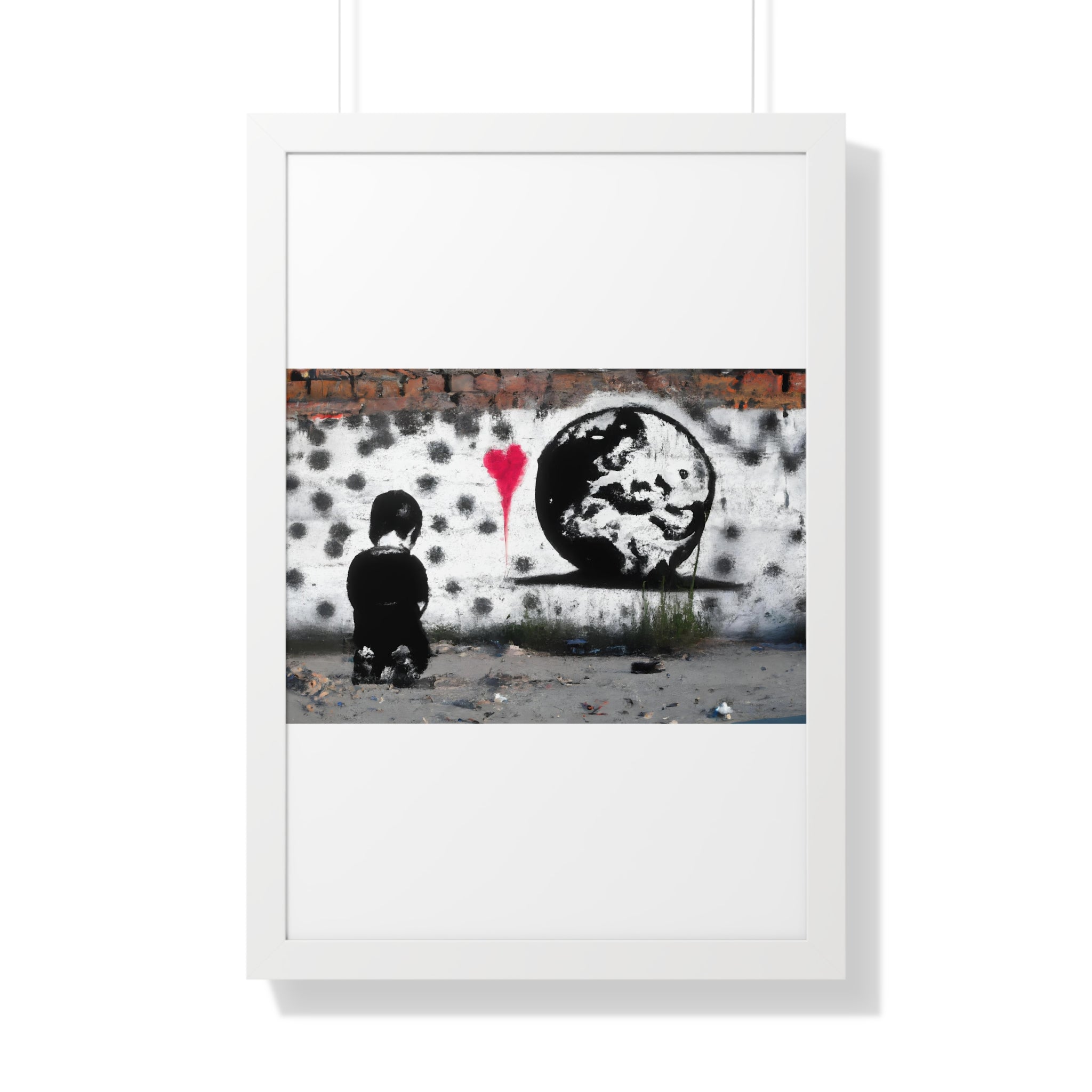 "BANKSY-STYLE GRAFFITI OF A SAD CHILD LOOKING AT DESTROYED EARTH" Framed Vertical Poster