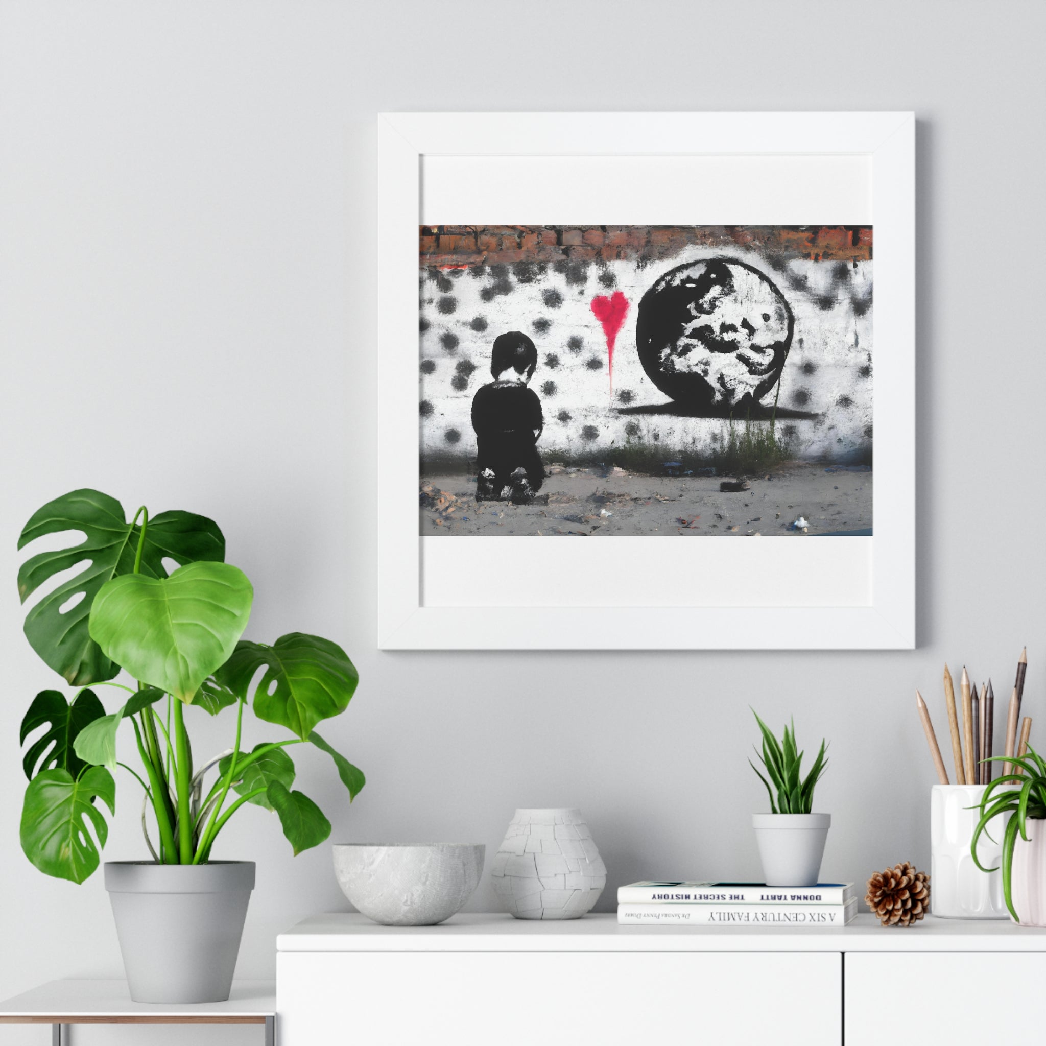 "BANKSY-STYLE GRAFFITI OF A SAD CHILD LOOKING AT DESTROYED EARTH" Framed Vertical Poster