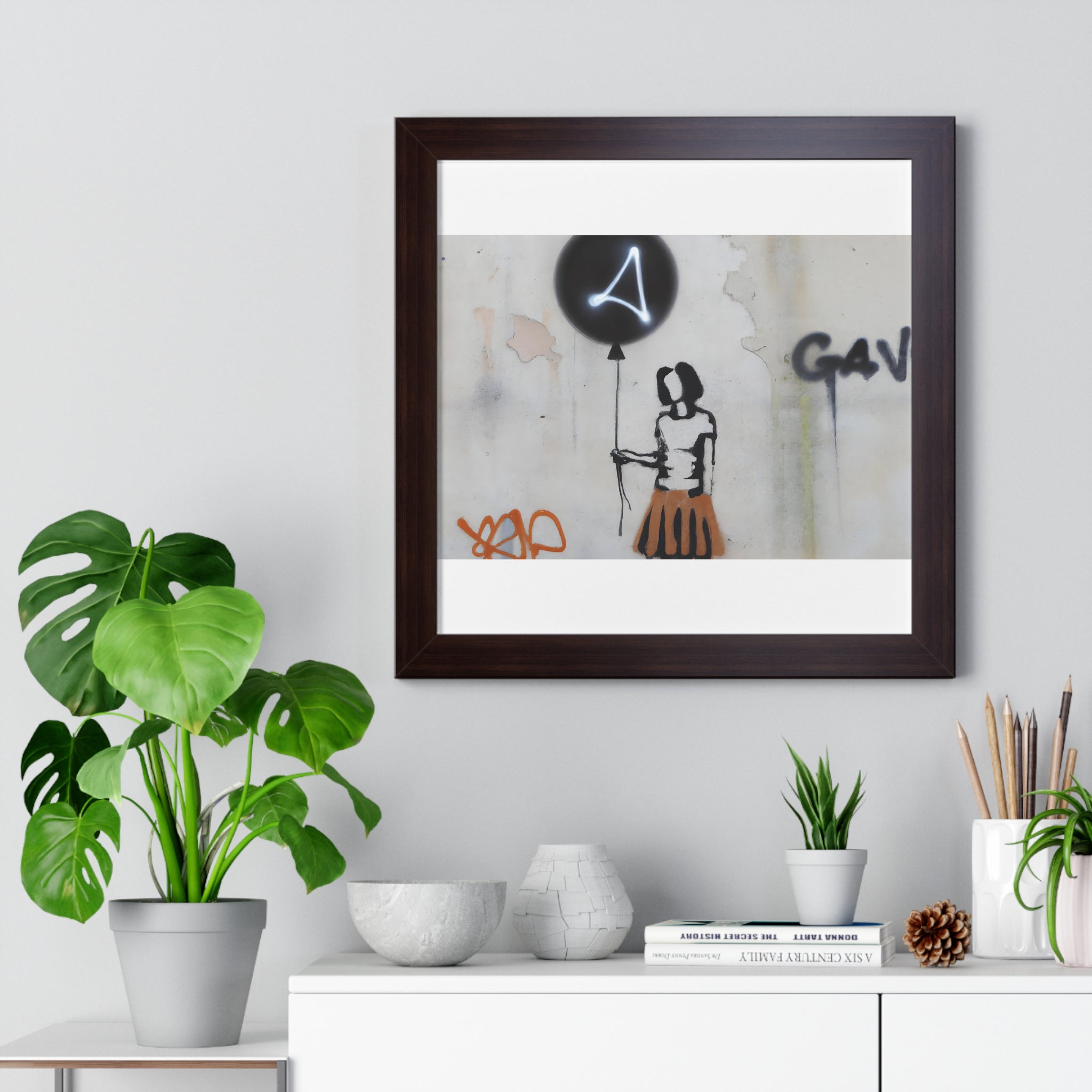 "BANKSY-STYLE GRAFFITI OF A WOMAN IN SKIRT HOLDING A BALLOON" Framed Vertical Poster