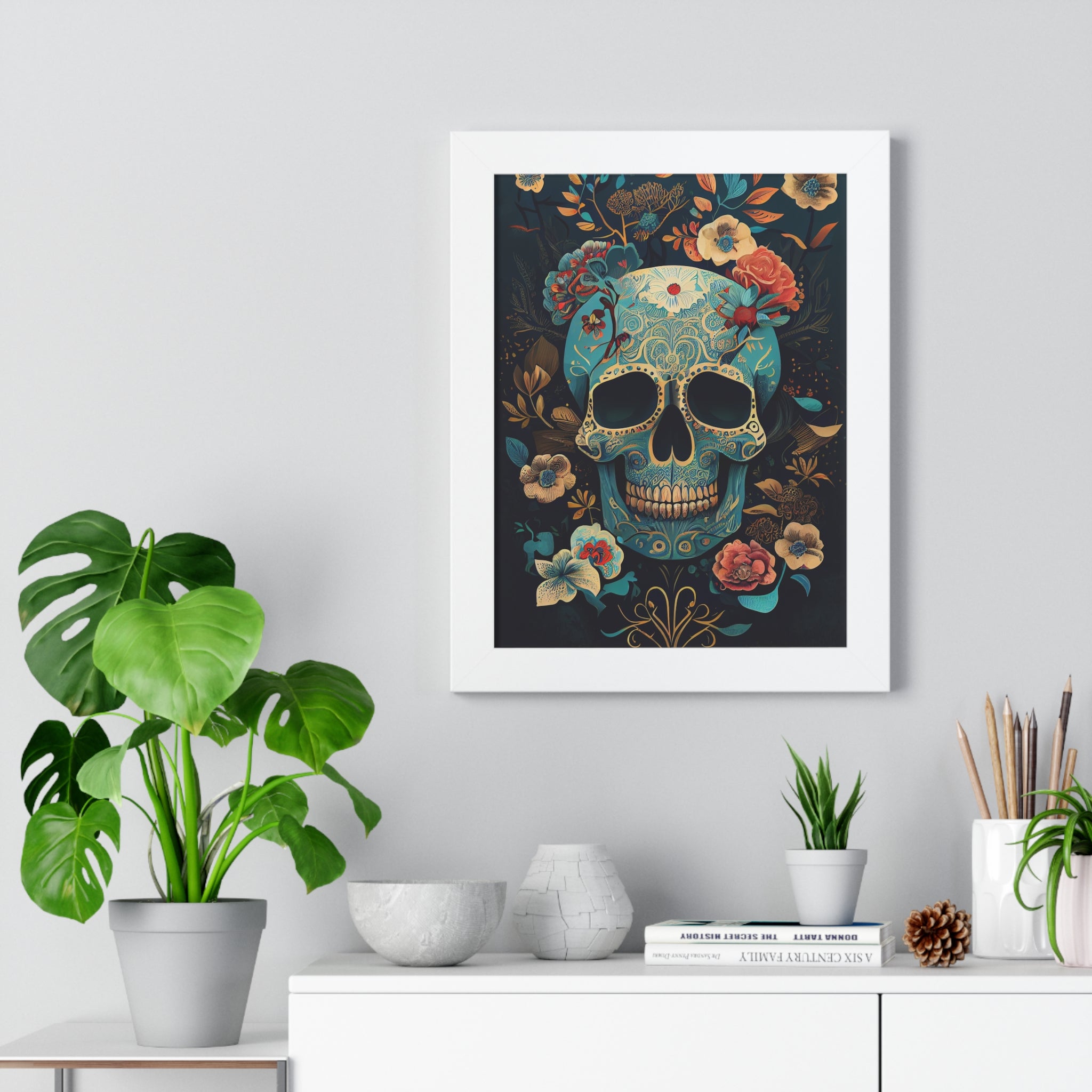 "BLUE CHINOISERIE SUGAR SKULL" Framed Vertical Poster