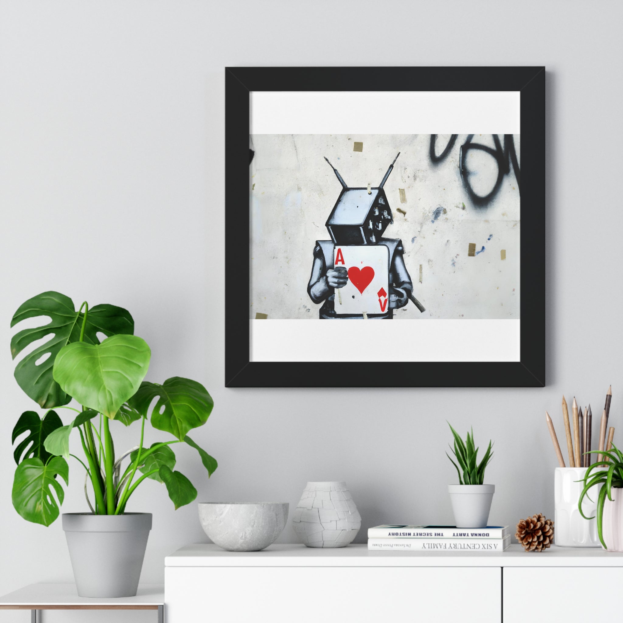 "BANKSY-STYLE GRAFFITI OF A ROBOT PLAYING CARDS" Framed Vertical Poster