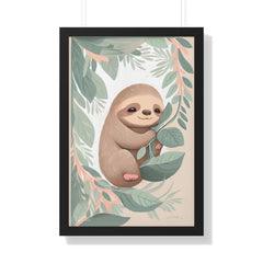 "ABSTRACT BABY SLOTH ON LEAF" Framed Vertical Poster