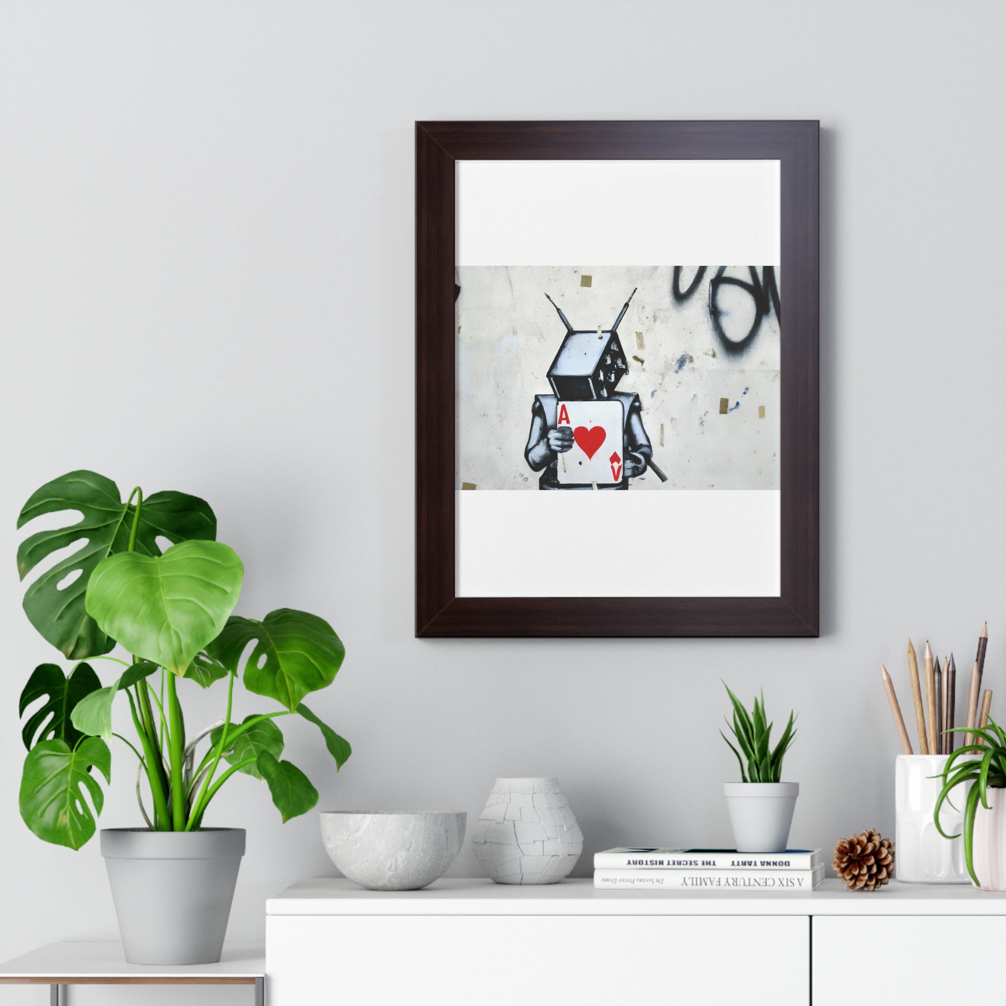 "BANKSY-STYLE GRAFFITI OF A ROBOT PLAYING CARDS" Framed Vertical Poster