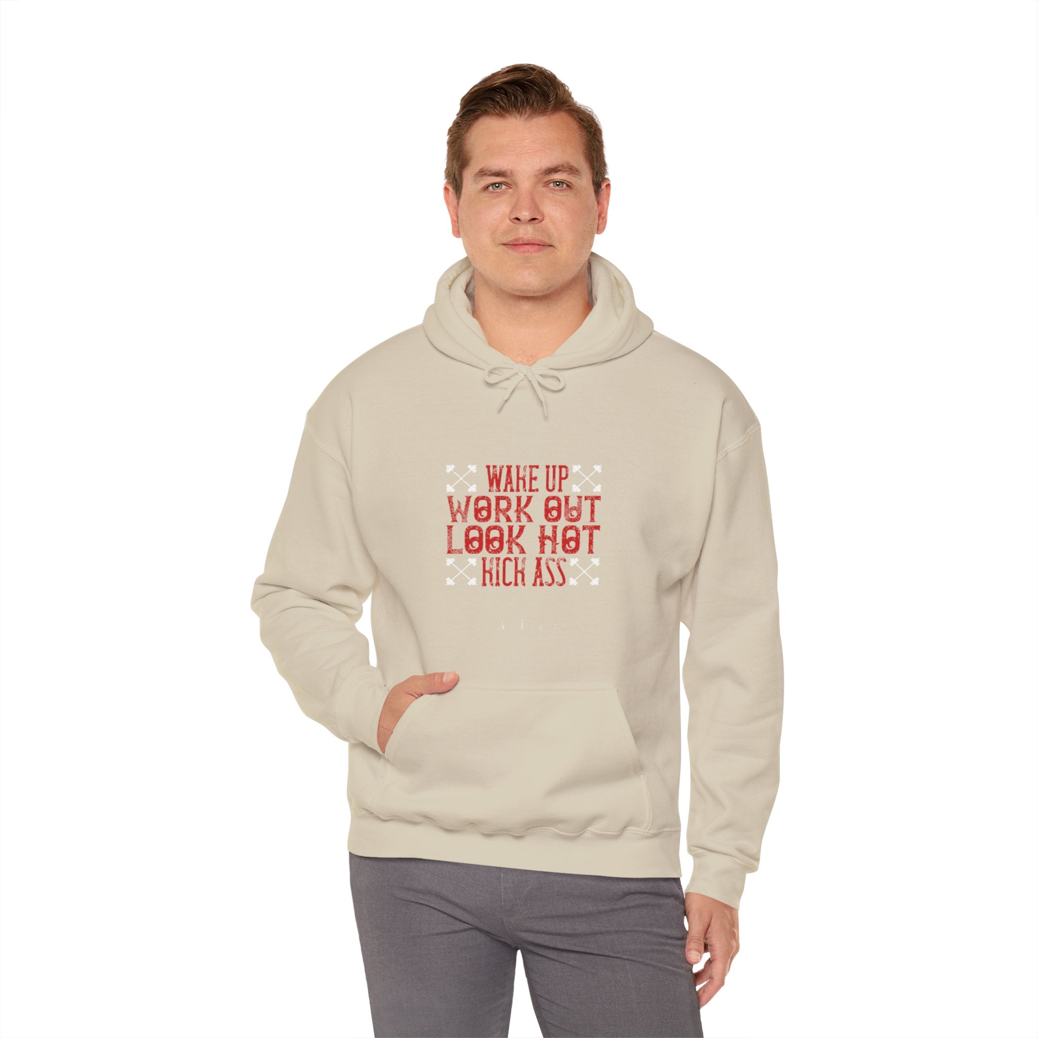 "Wake up. Work out. Look hot. Kick ass" Unisex Heavy Blend™ Hooded Sweatshirt