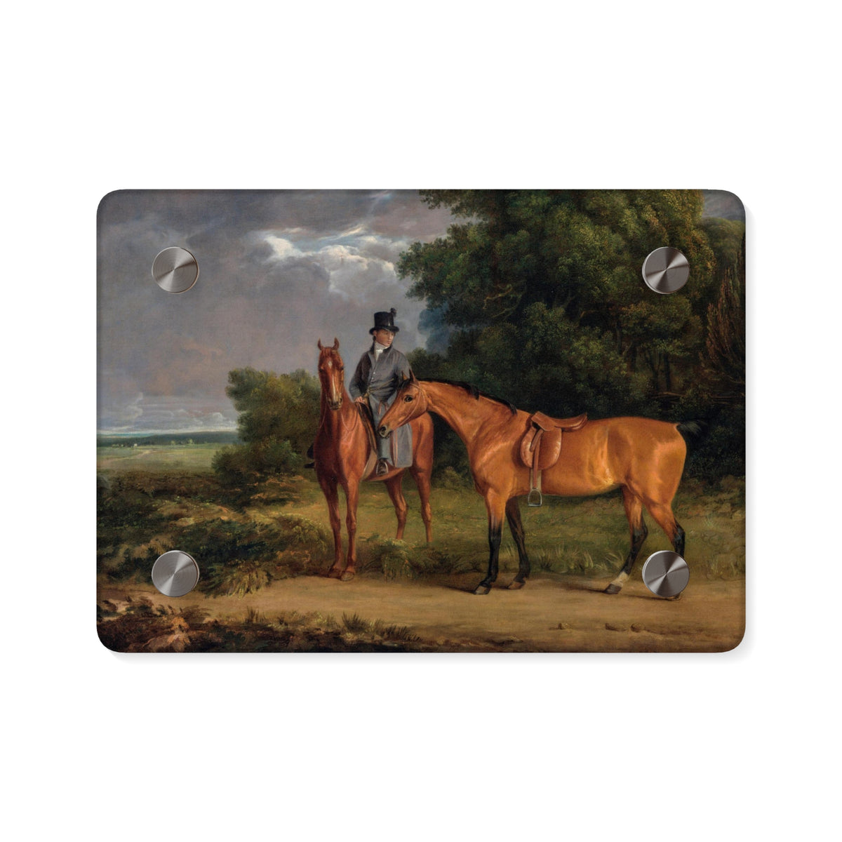 "A GROOM MOUNTED ON A CHESTNUT HUNTER, HE HOLDS A BAY HUNTER BY THE REINS" Acrylic Wall Art Panels