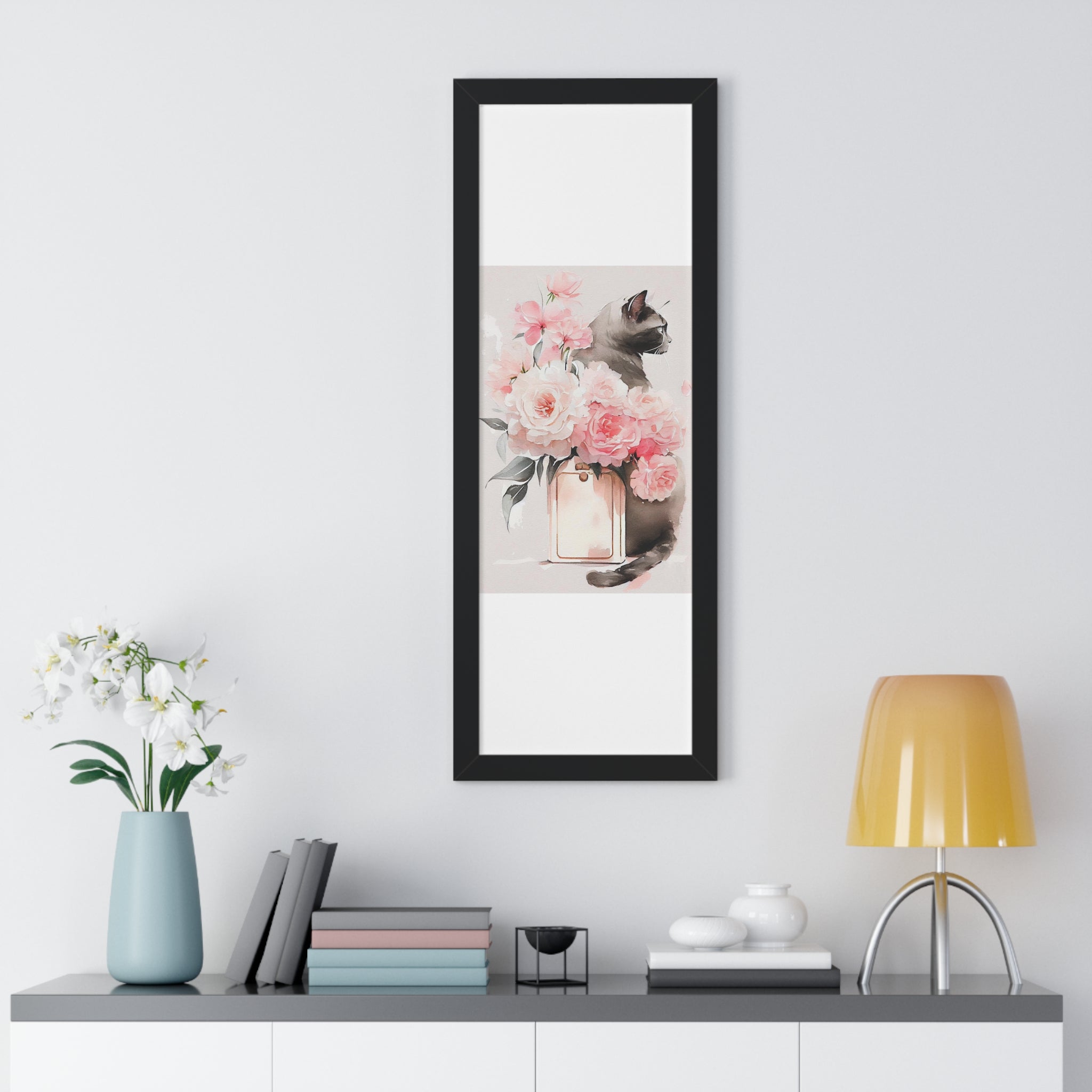 "BLACK CAT PERFUME PEONIES" Framed Vertical Poster