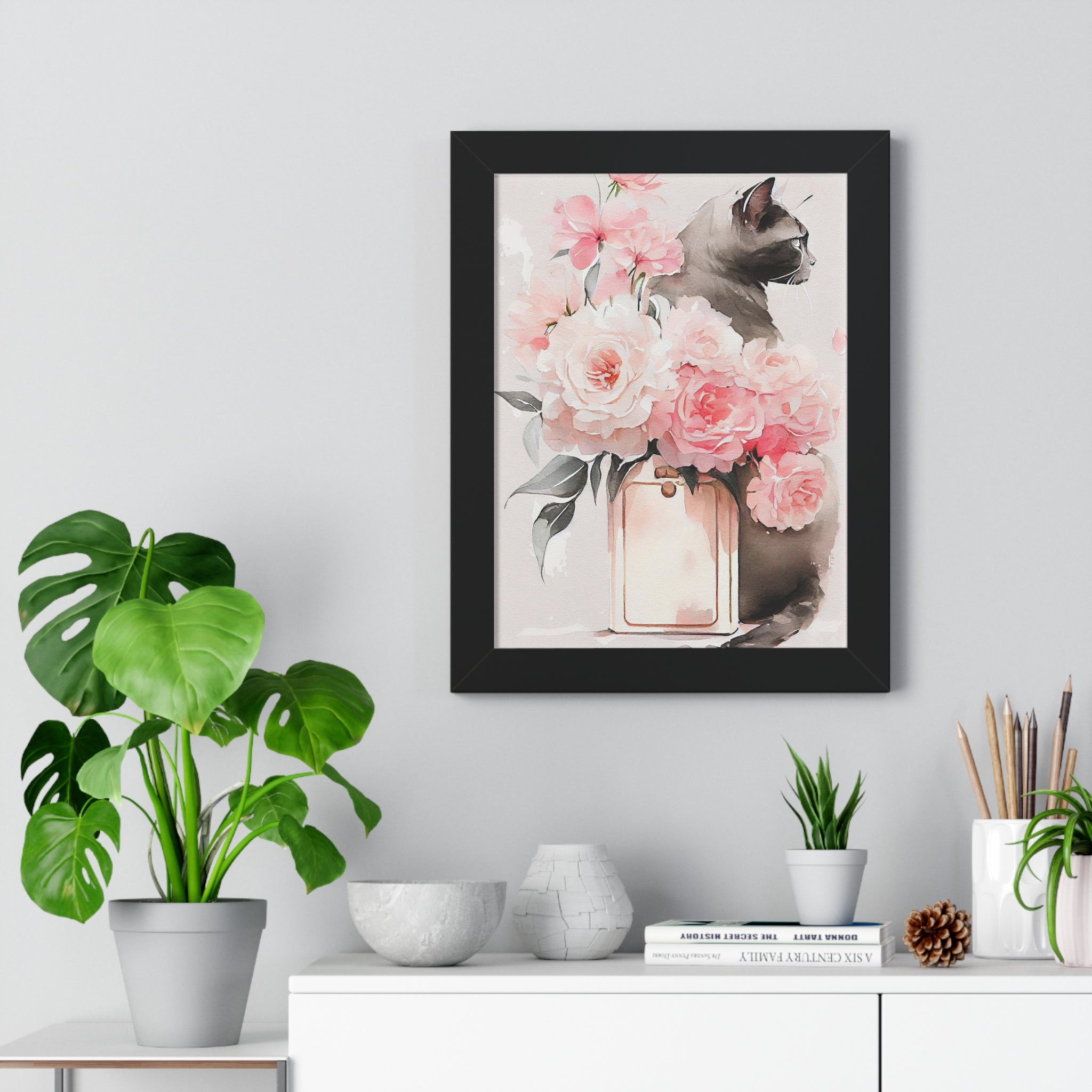 "BLACK CAT PERFUME PEONIES" Framed Vertical Poster