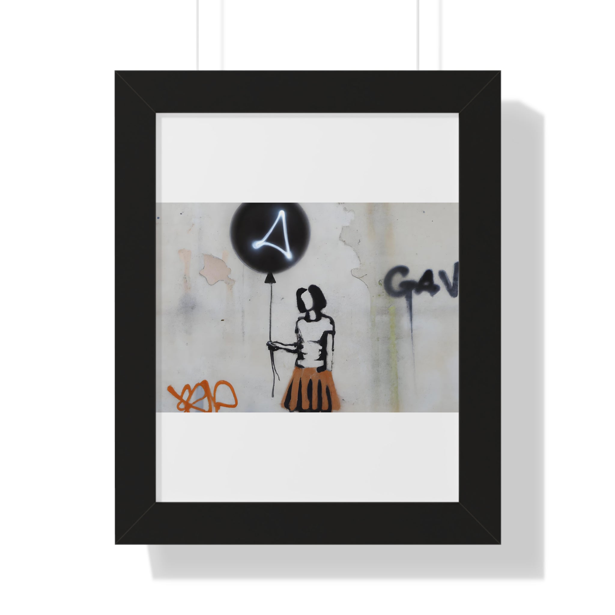 "BANKSY-STYLE GRAFFITI OF A WOMAN IN SKIRT HOLDING A BALLOON" Framed Vertical Poster