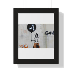 "BANKSY-STYLE GRAFFITI OF A WOMAN IN SKIRT HOLDING A BALLOON" Framed Vertical Poster