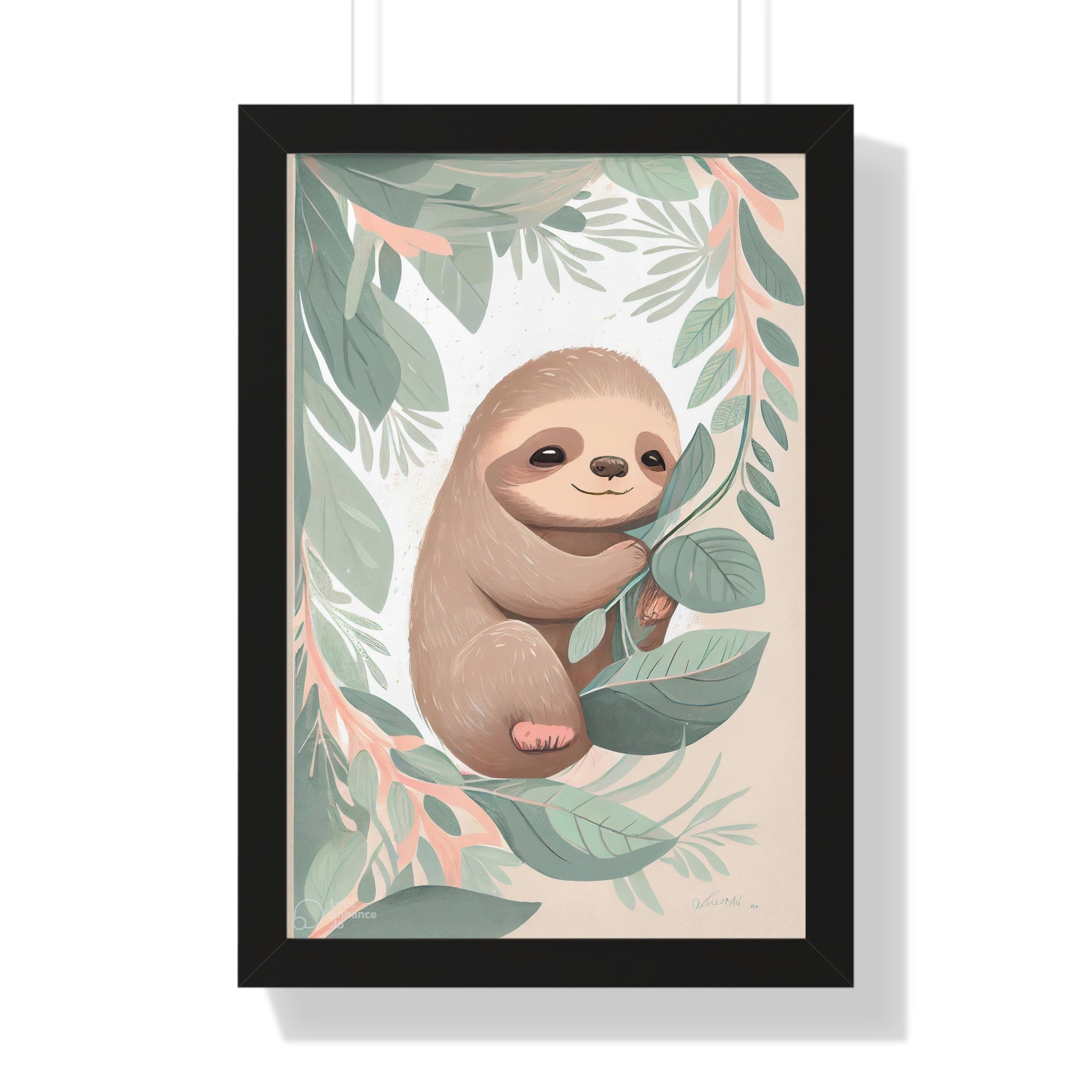 "ABSTRACT BABY SLOTH ON LEAF" Framed Vertical Poster