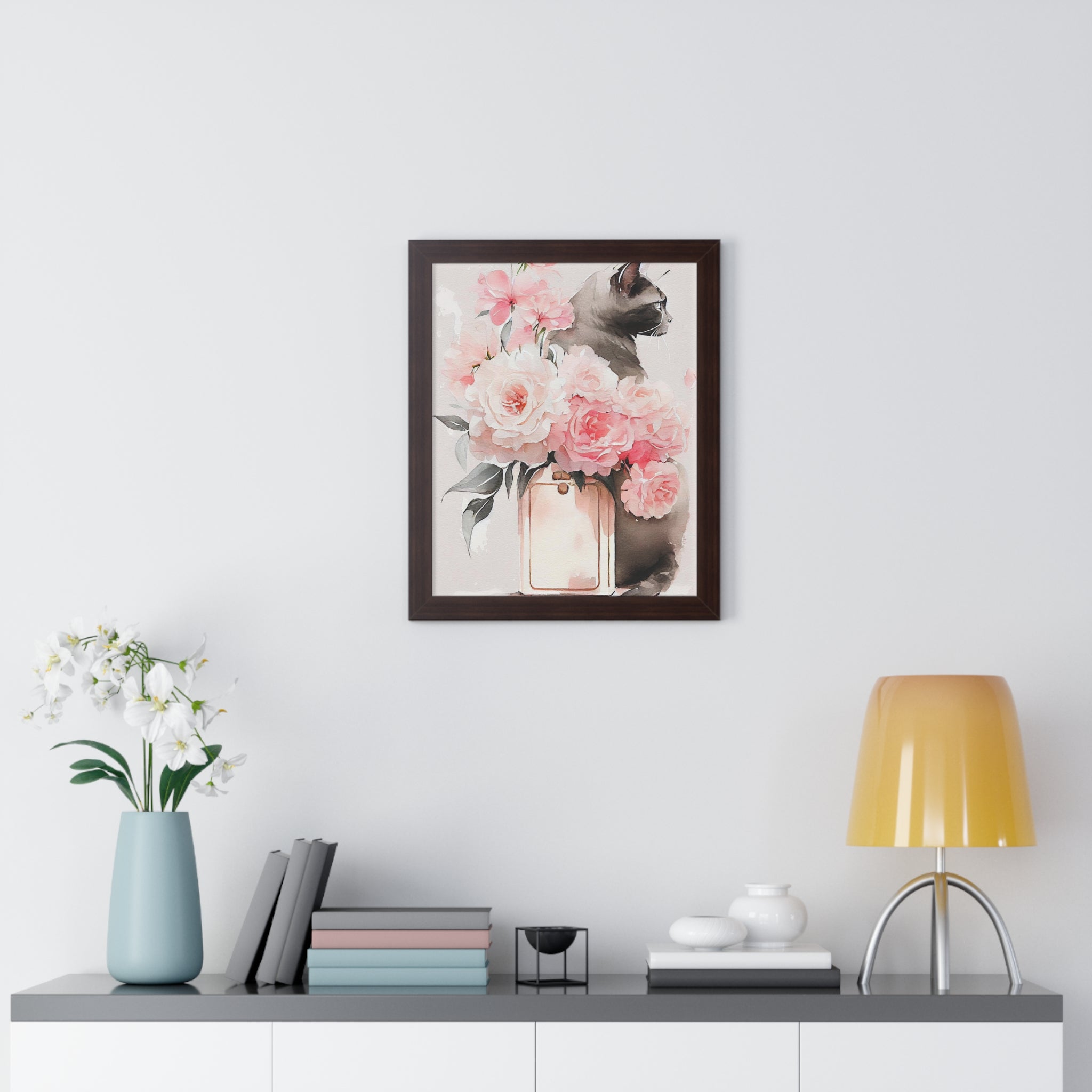 "BLACK CAT PERFUME PEONIES" Framed Vertical Poster