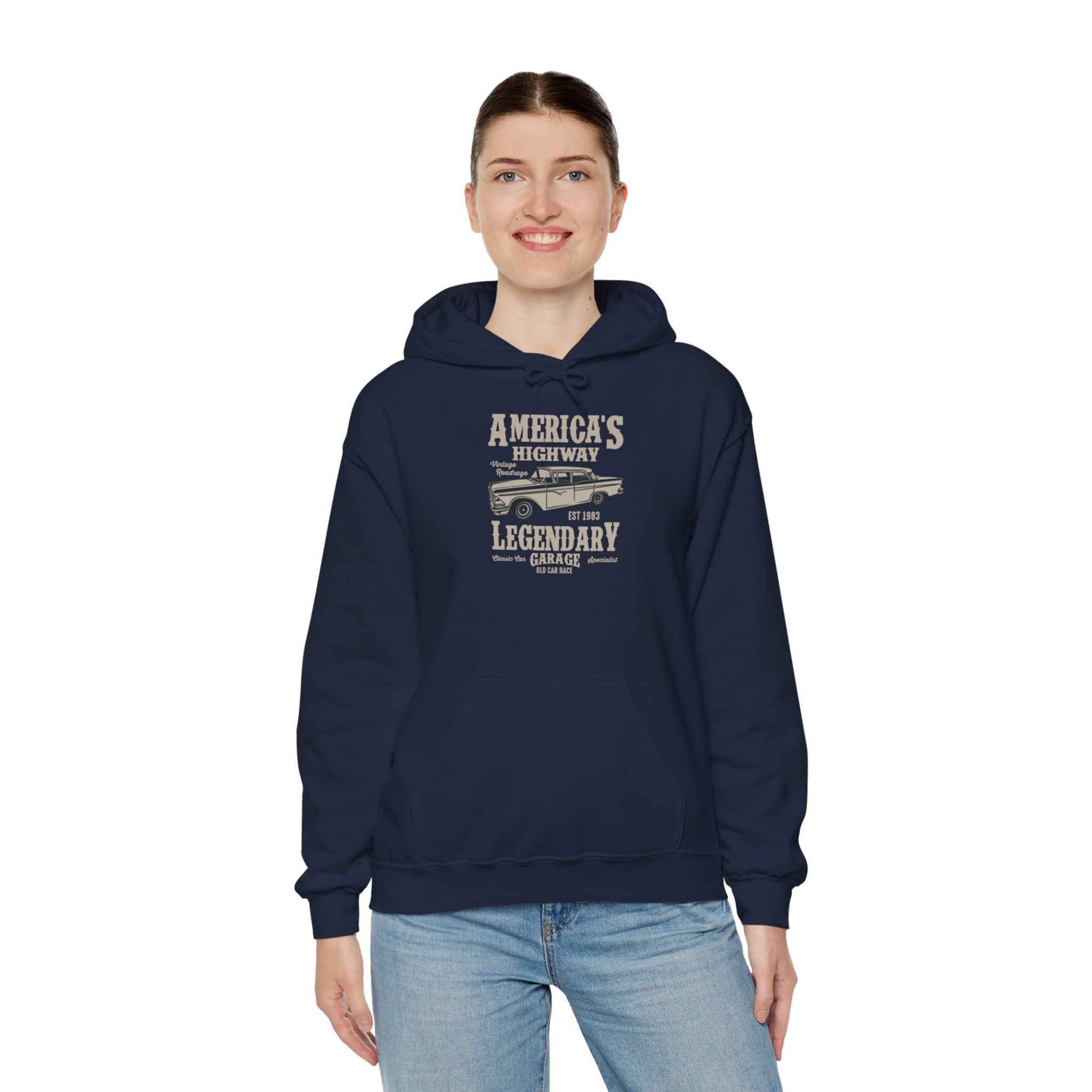 "AMERICA'S HIGHWAY LEGENDARY GARAGE" Unisex Heavy Blend™ Hooded Sweatshirt