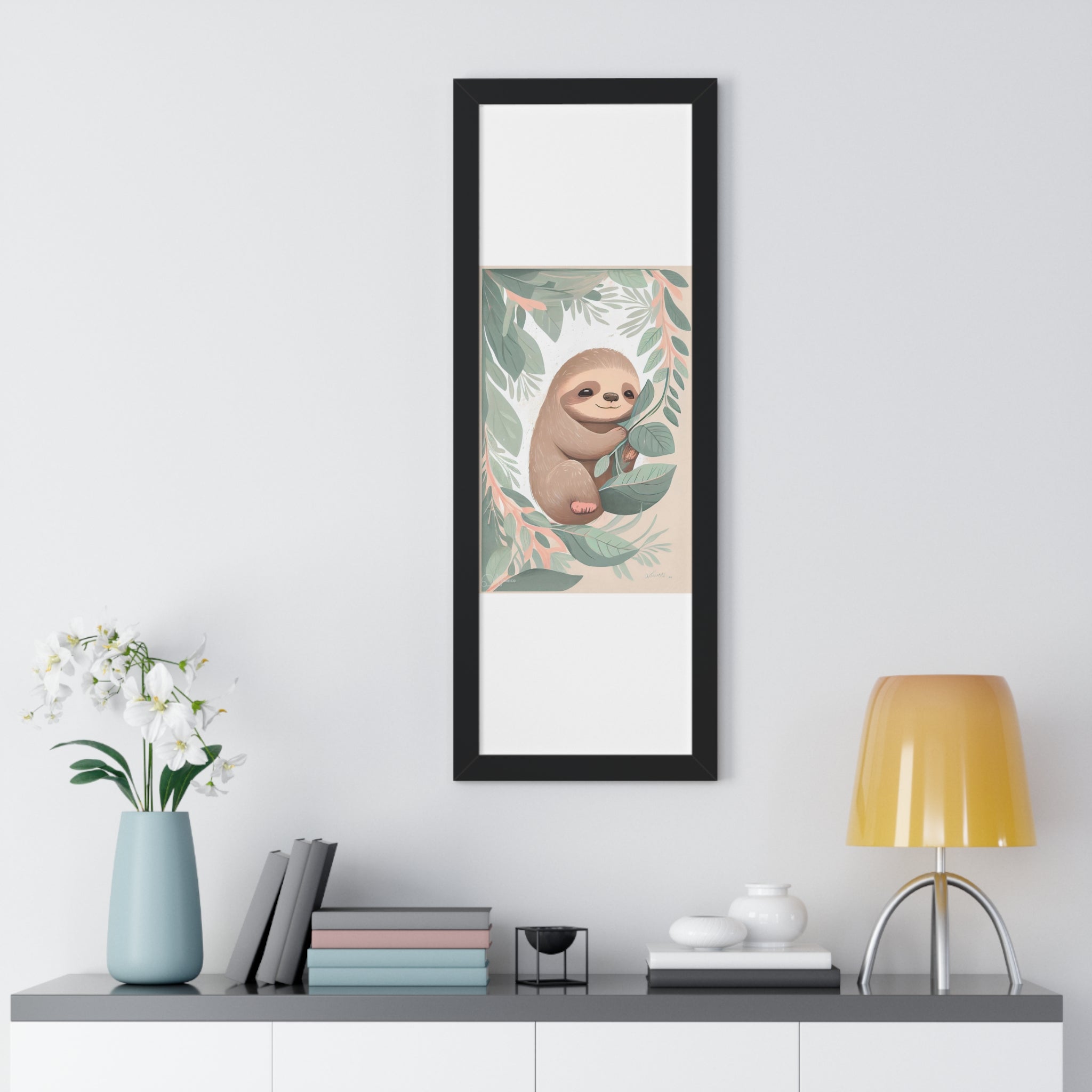 "ABSTRACT BABY SLOTH ON LEAF" Framed Vertical Poster