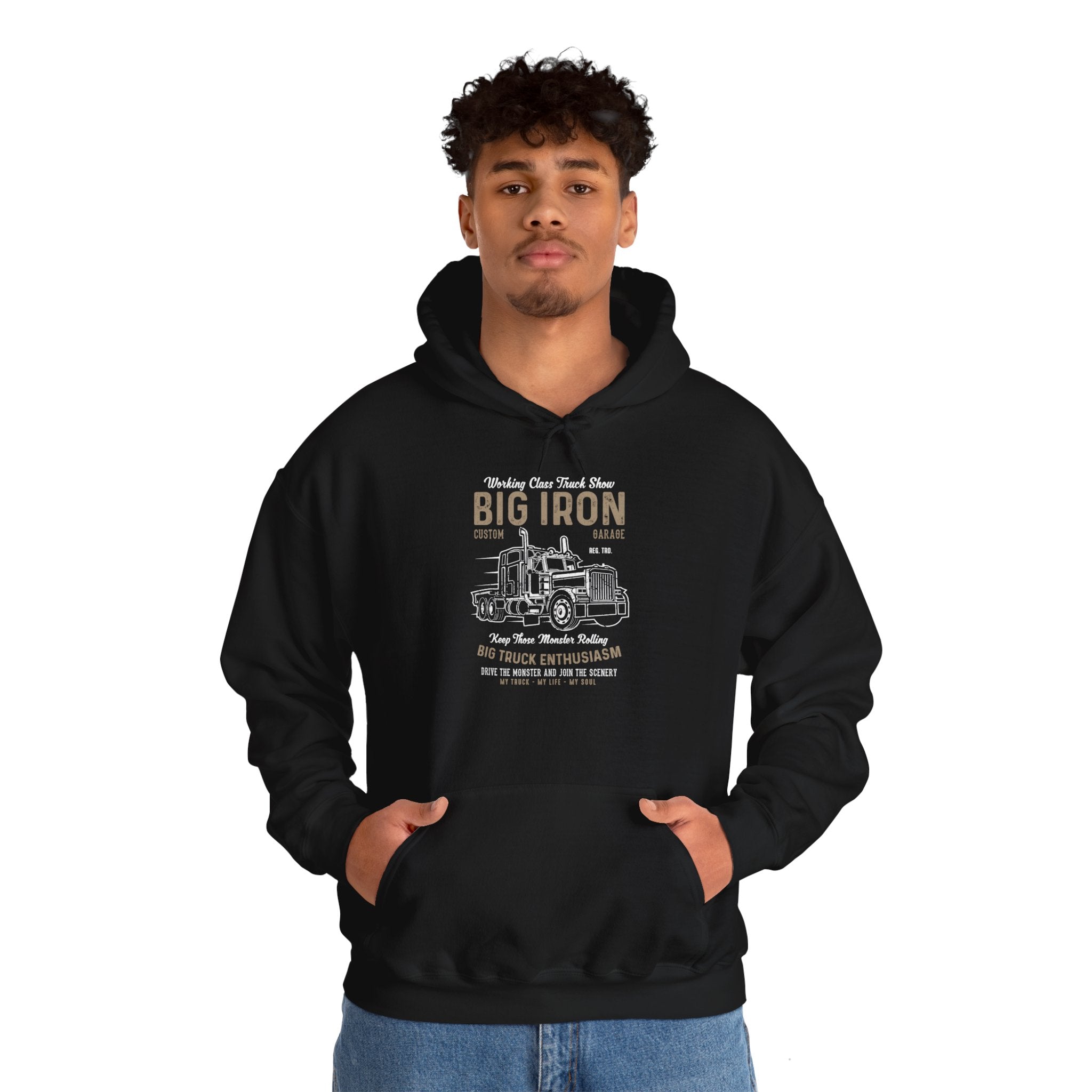 "BIG IRON CUSTOM GARAGE BIG TRUCK ENTHUSIASM" Unisex Heavy Blend™ Hooded Sweatshirt