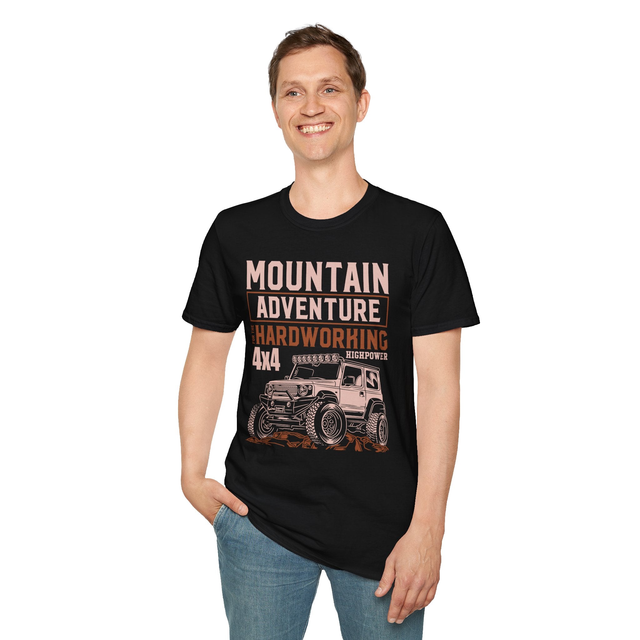 "MOUNTAIN ADVENTURE HARDWORKING 4X4" Unisex Soft style T-Shirt