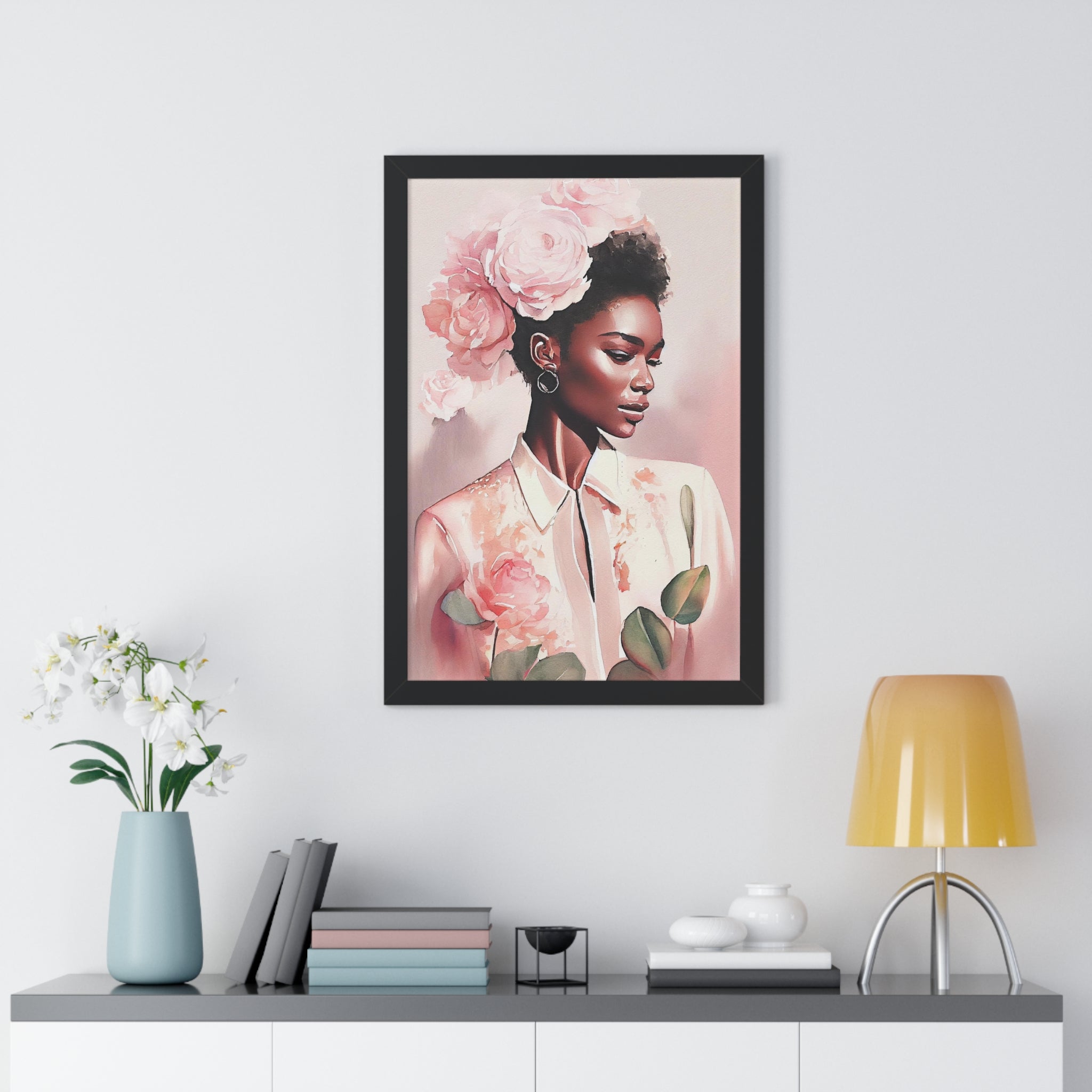 "BLACK WOMAN PEONIES" Framed Vertical Poster