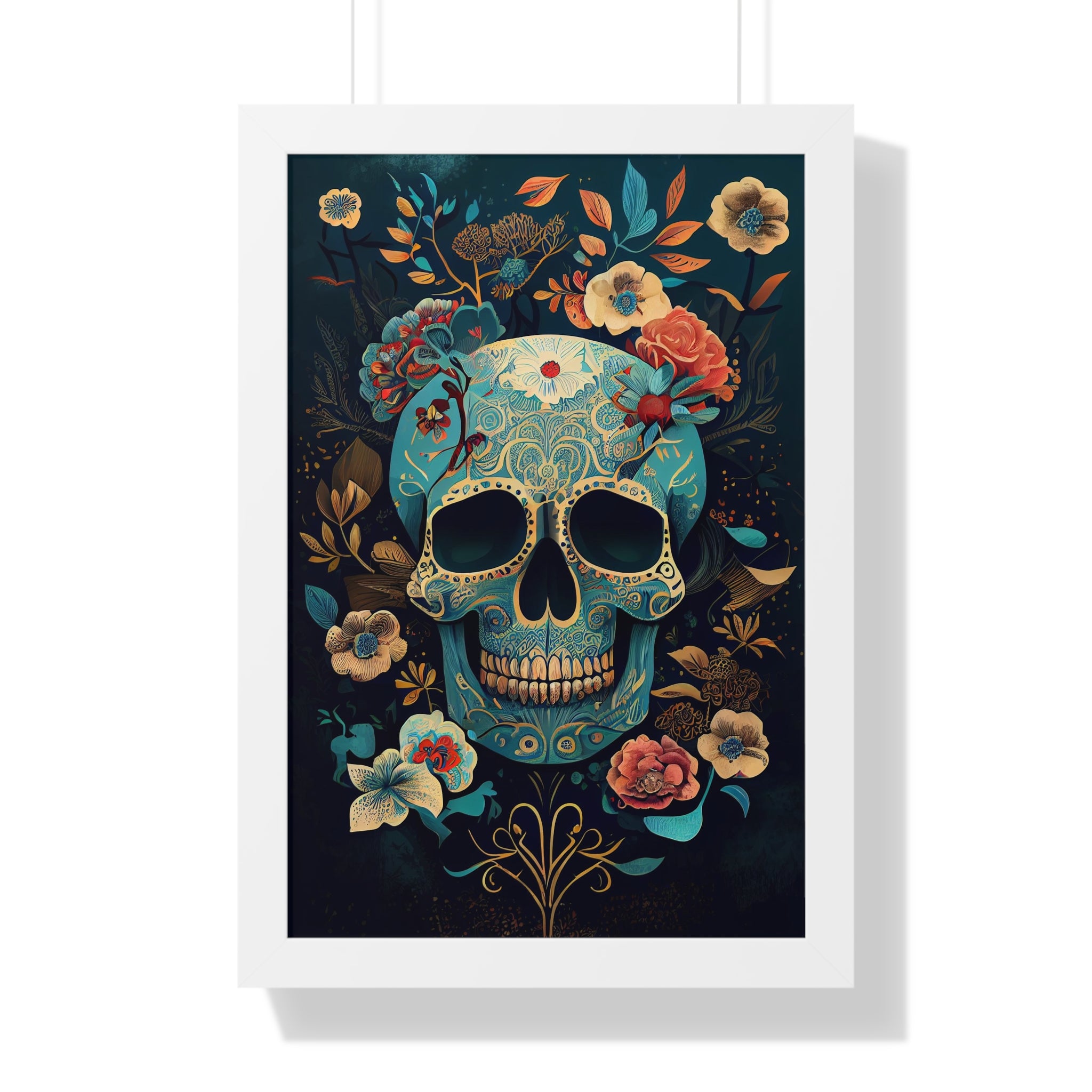 "BLUE CHINOISERIE SUGAR SKULL" Framed Vertical Poster