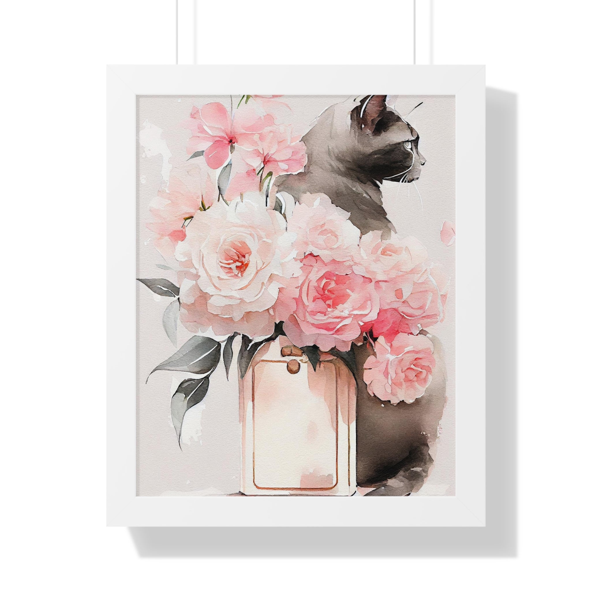 "BLACK CAT PERFUME PEONIES" Framed Vertical Poster