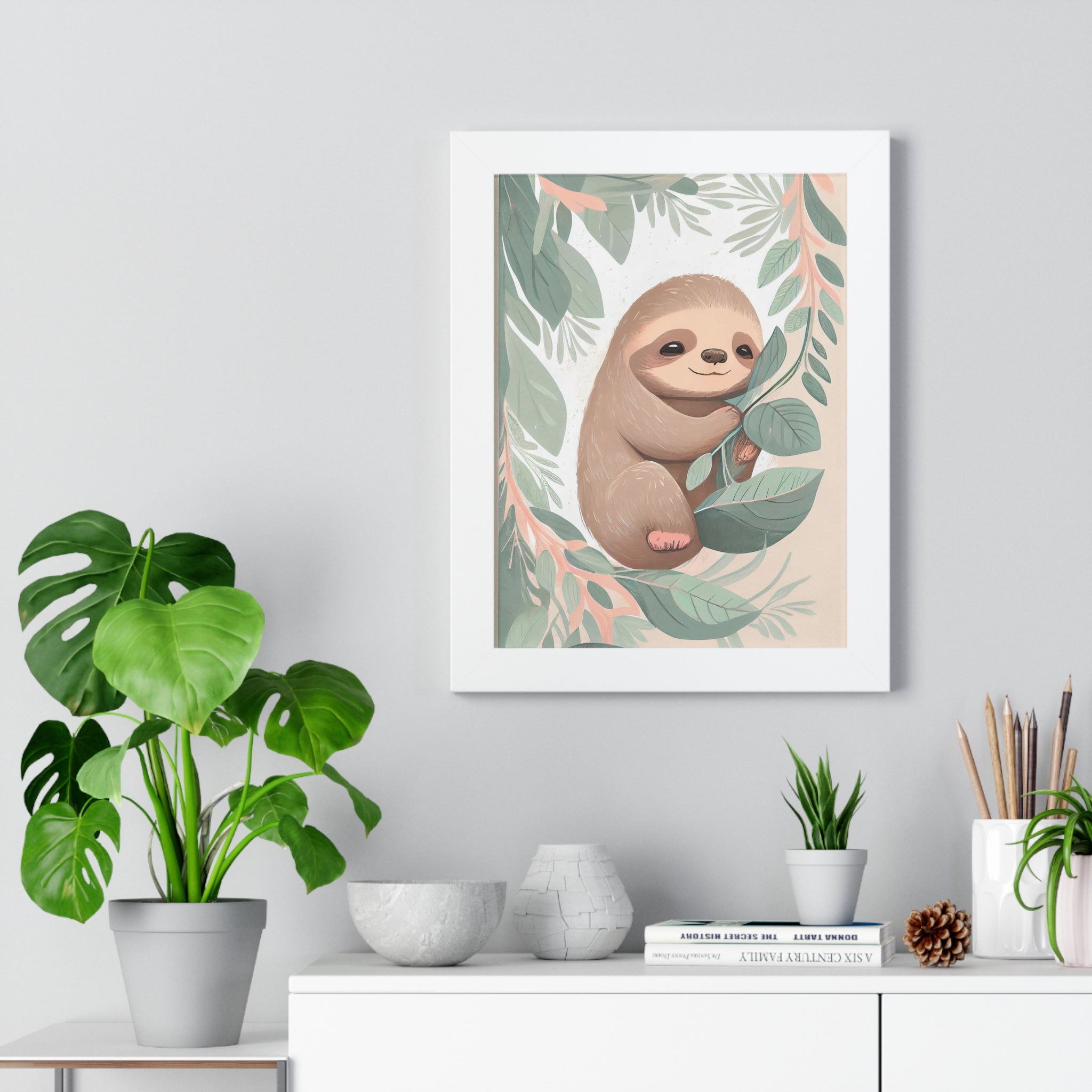 "ABSTRACT BABY SLOTH ON LEAF" Framed Vertical Poster