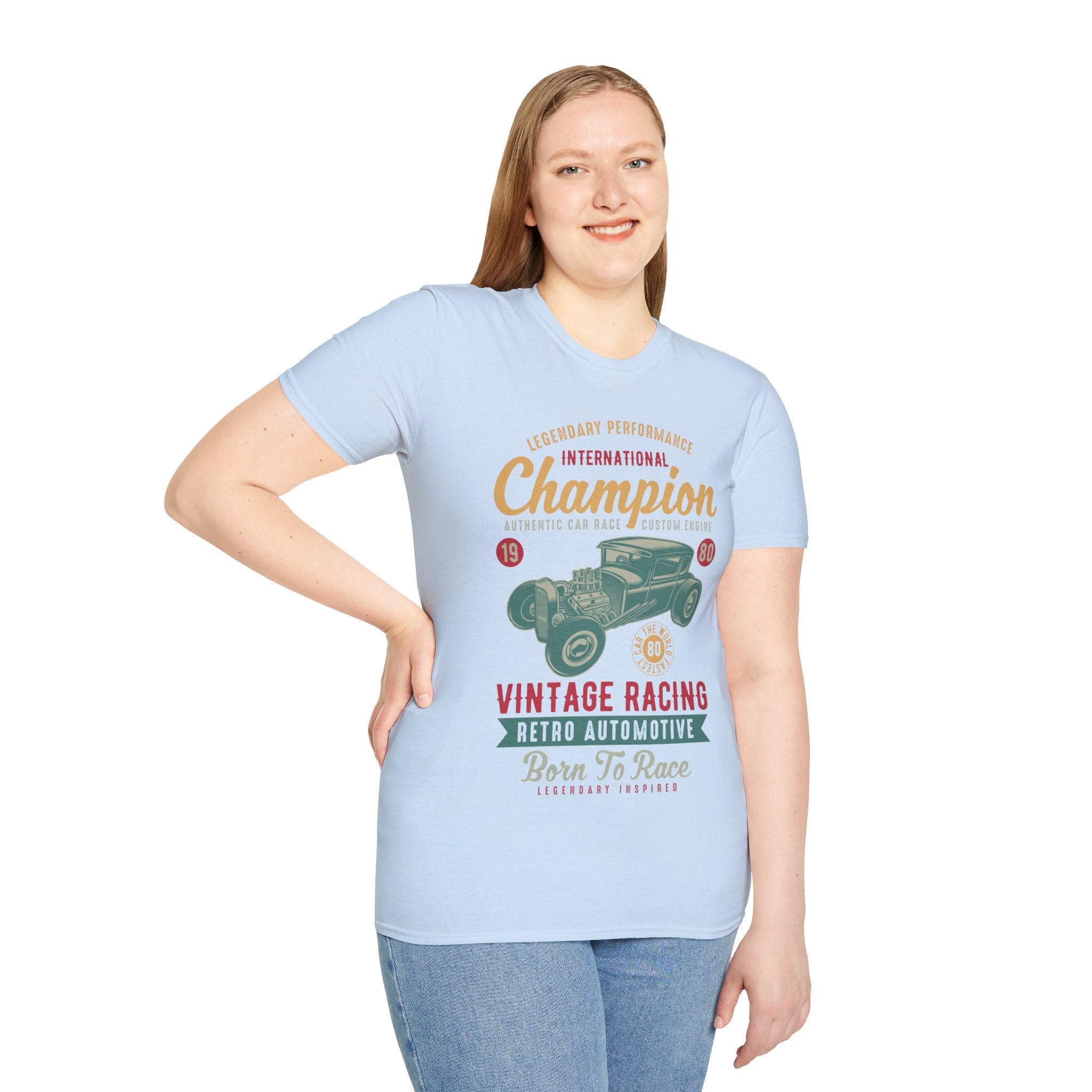 "CHAMPION VINTAGE RACING RETRO AUTOMATIVE BORN TO RACE" Unisex Soft style T-Shirt