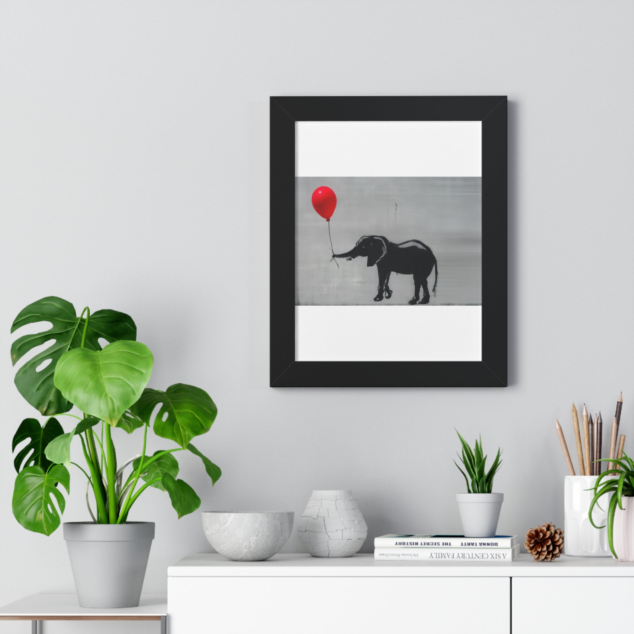 "BANKSY-STYLE ELEPHANT HOLDING A RED BALLOON" Framed Vertical Poster