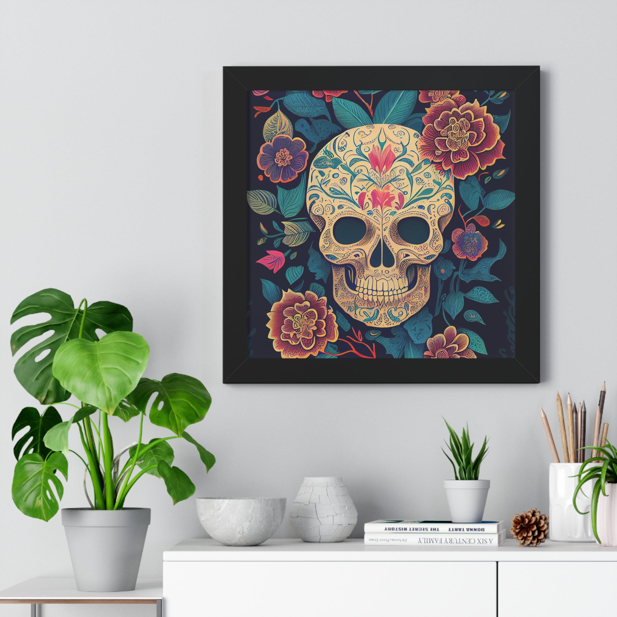 "BEIGE CHINOISERIE SUGAR SKULL" Framed Vertical Poster