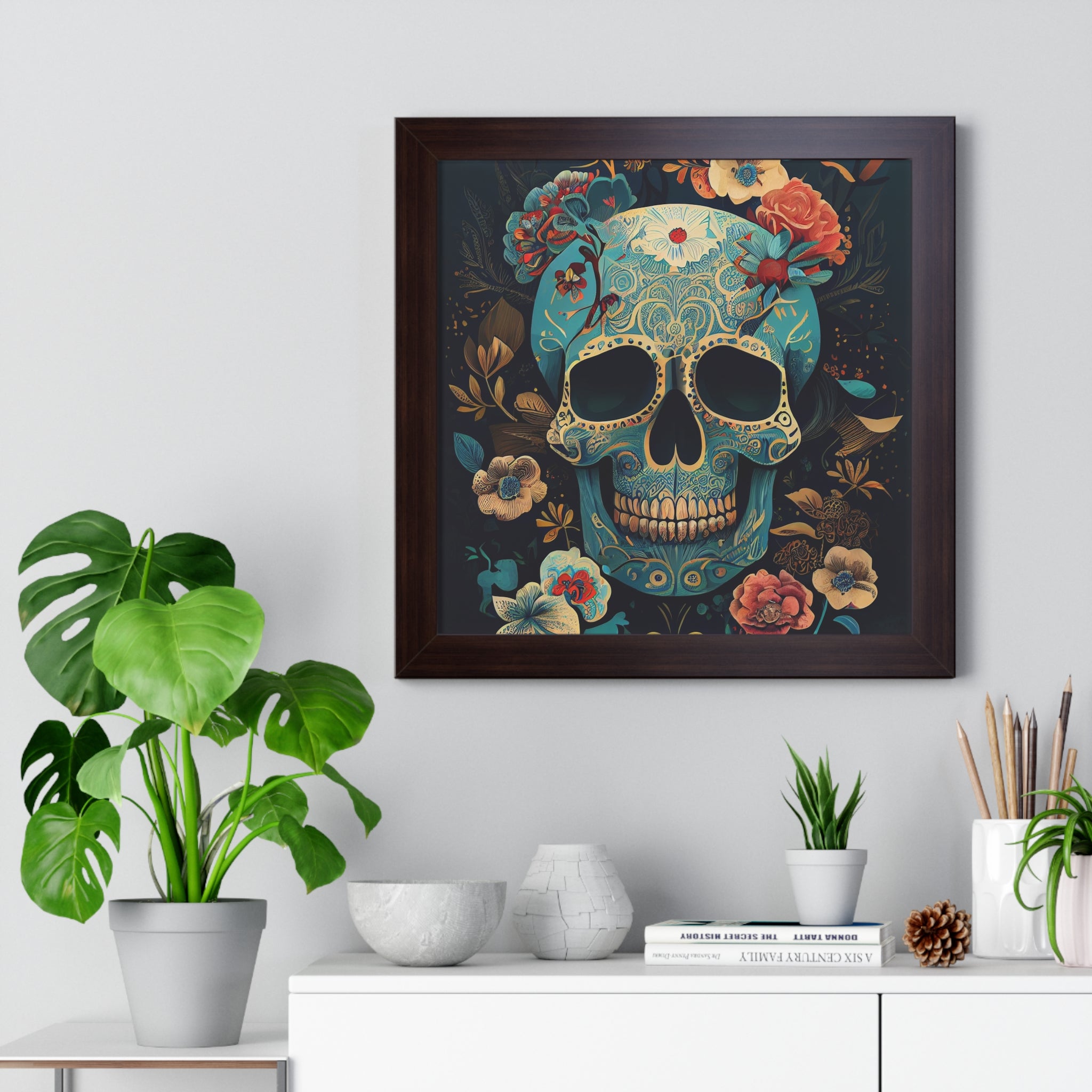 "BLUE CHINOISERIE SUGAR SKULL" Framed Vertical Poster