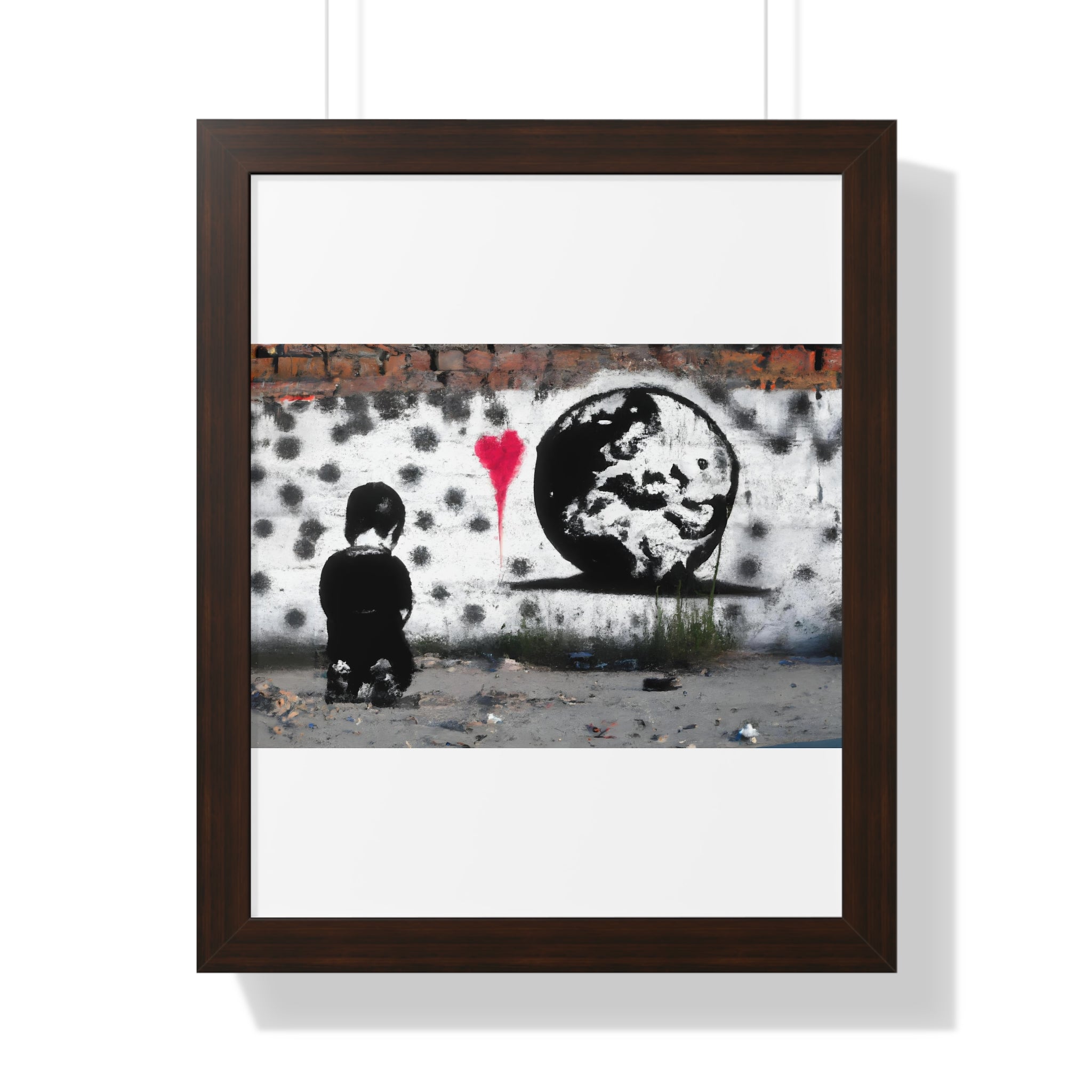 "BANKSY-STYLE GRAFFITI OF A SAD CHILD LOOKING AT DESTROYED EARTH" Framed Vertical Poster