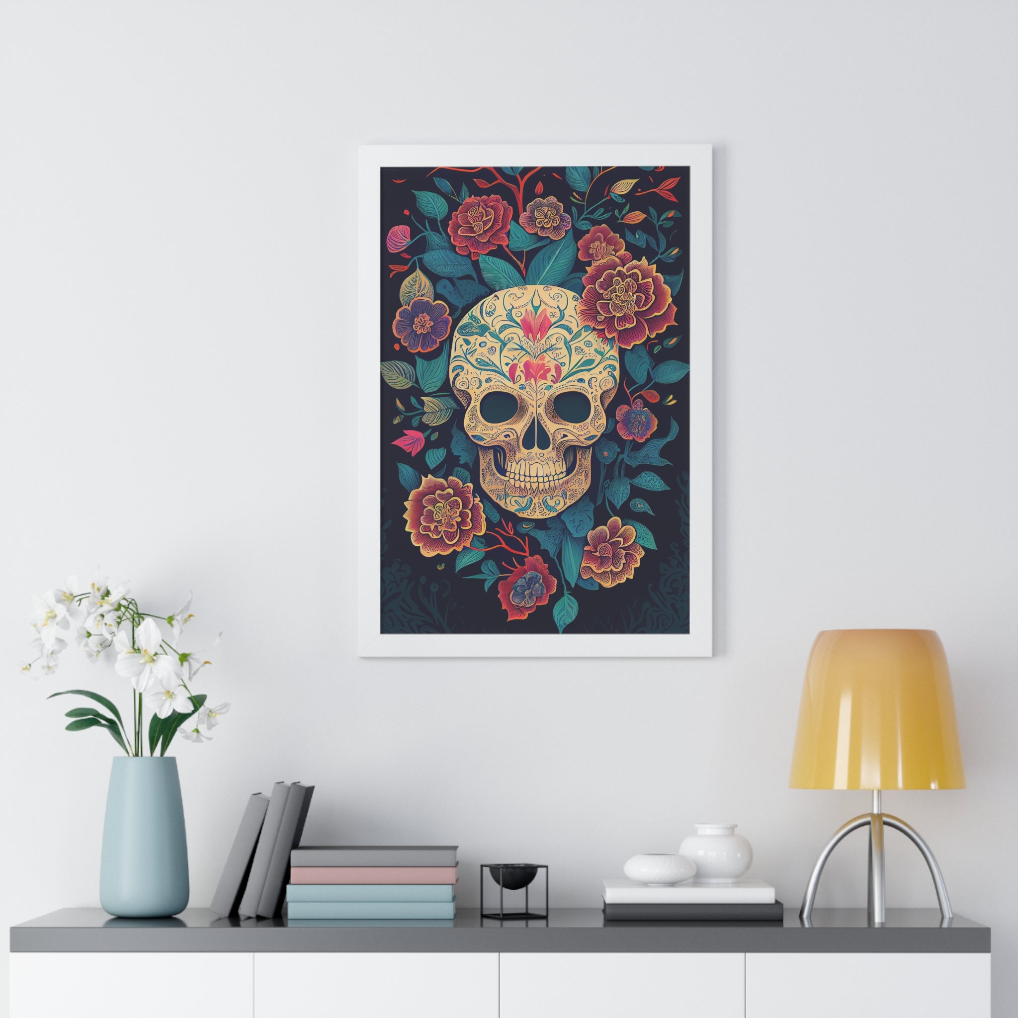 "BEIGE CHINOISERIE SUGAR SKULL" Framed Vertical Poster