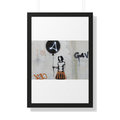 "BANKSY-STYLE GRAFFITI OF A WOMAN IN SKIRT HOLDING A BALLOON" Framed Vertical Poster