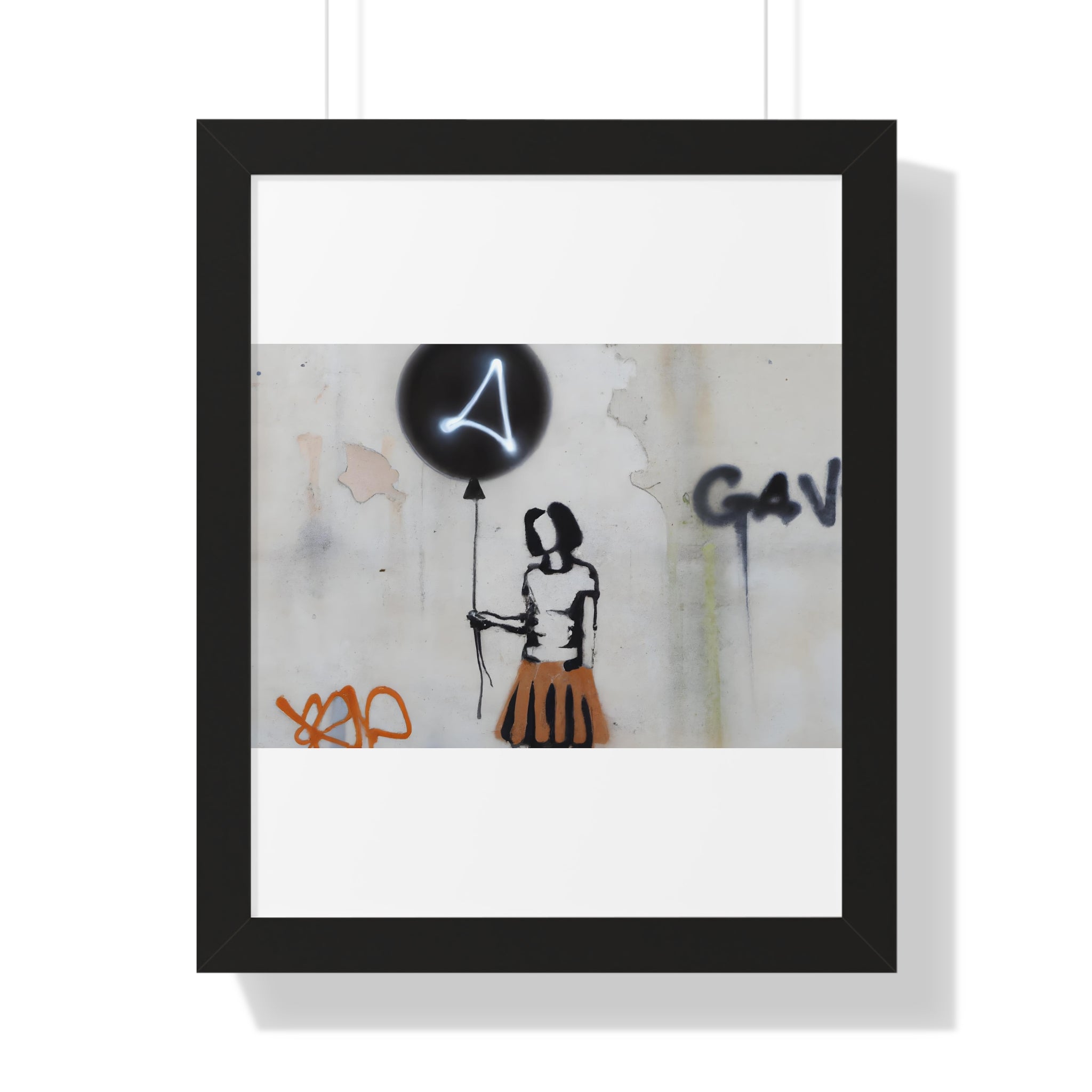 "BANKSY-STYLE GRAFFITI OF A WOMAN IN SKIRT HOLDING A BALLOON" Framed Vertical Poster