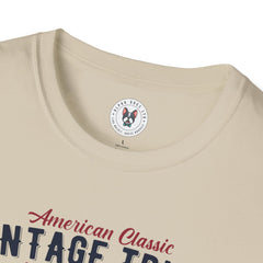 "AMERICAN CLASSIC VINTAGE TRUCK ESTABLISHED SINCE 1938 GARAGE CO. SERVICE & REPAIR ORIGINAL SPARE PARTS AUTHENTIC HANDCRAFTED" Unisex Soft style T-Shirt