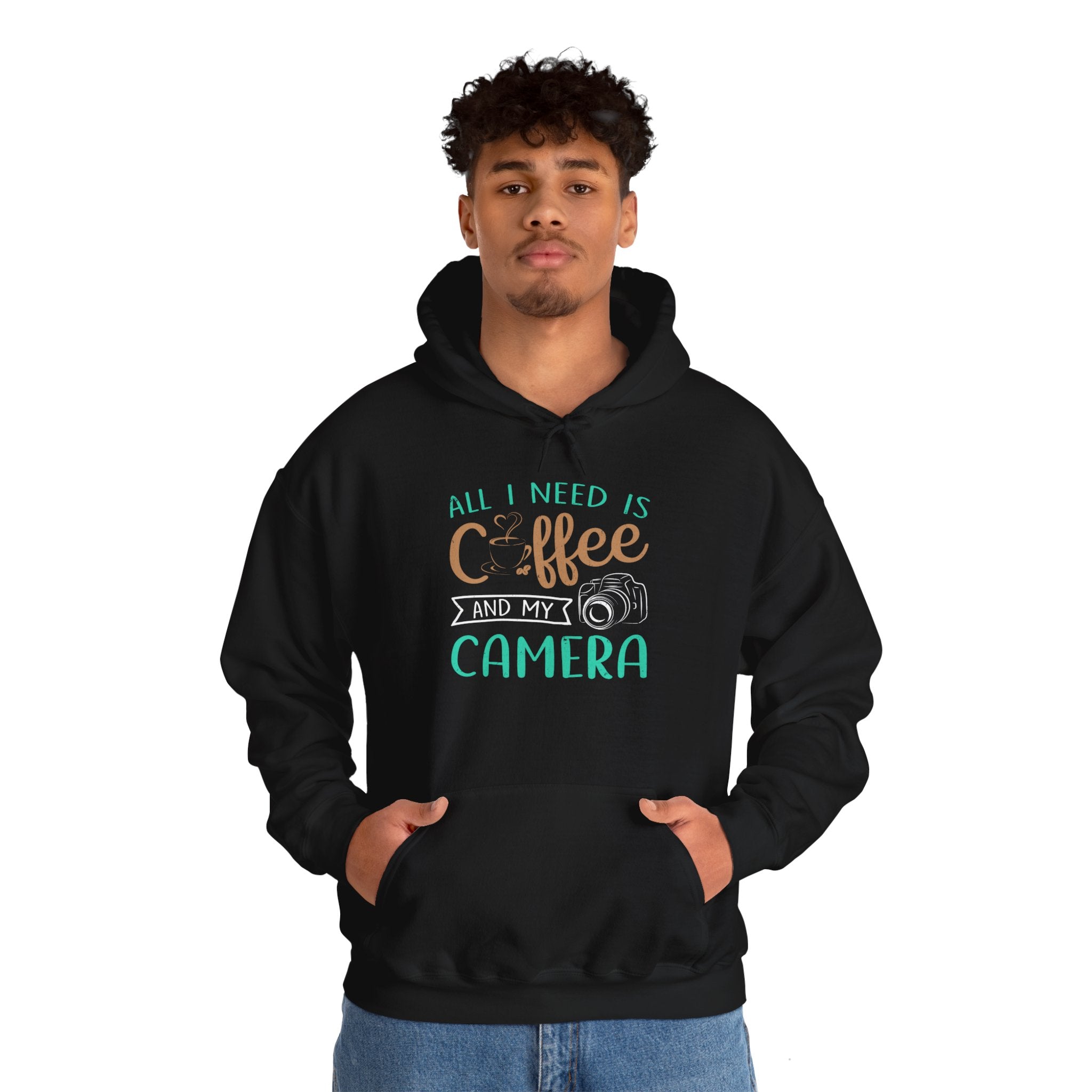 "ALL I NEED IS COFFEE AND MY CAMERA" Unisex Heavy Blend™ Hooded Sweatshirt