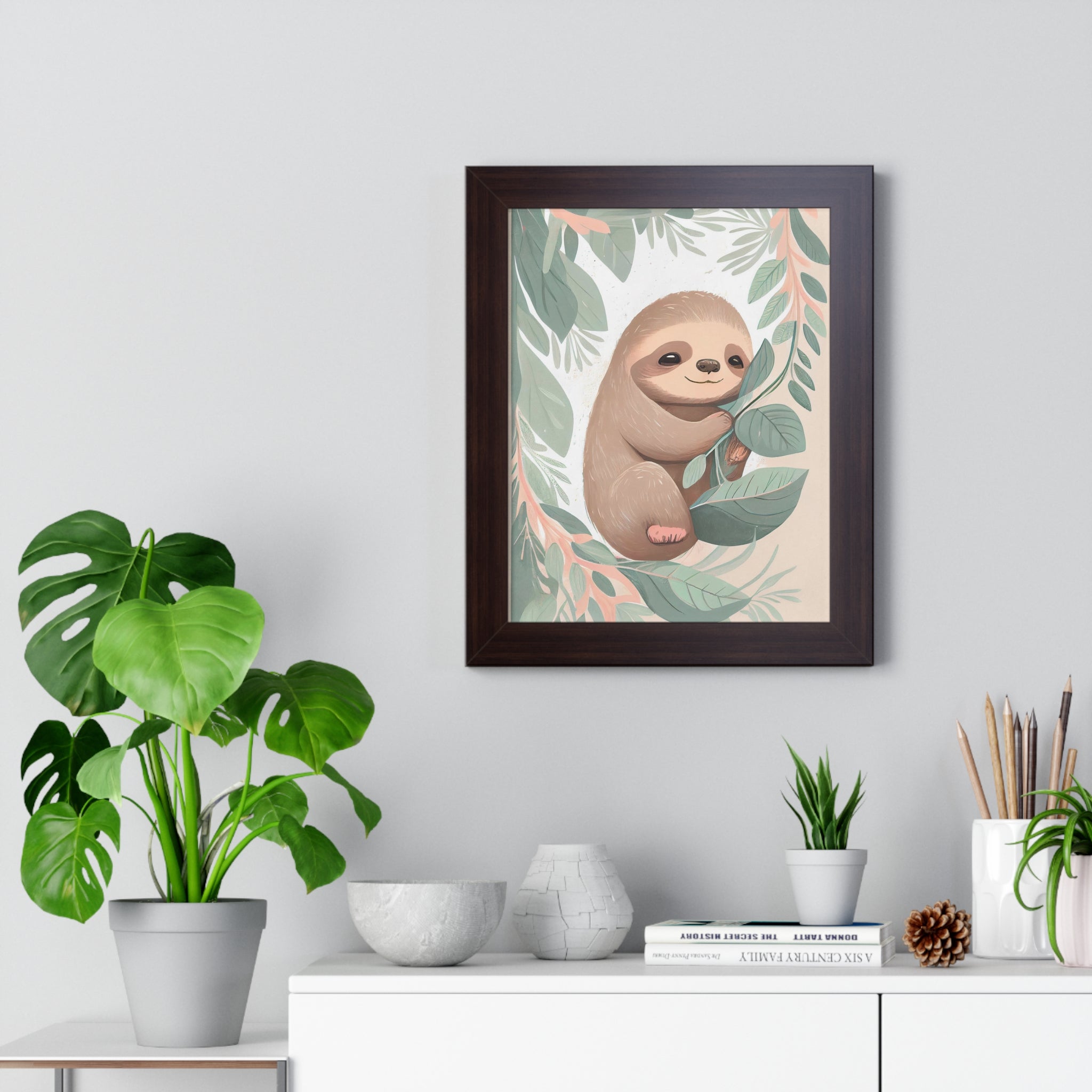 "ABSTRACT BABY SLOTH ON LEAF" Framed Vertical Poster