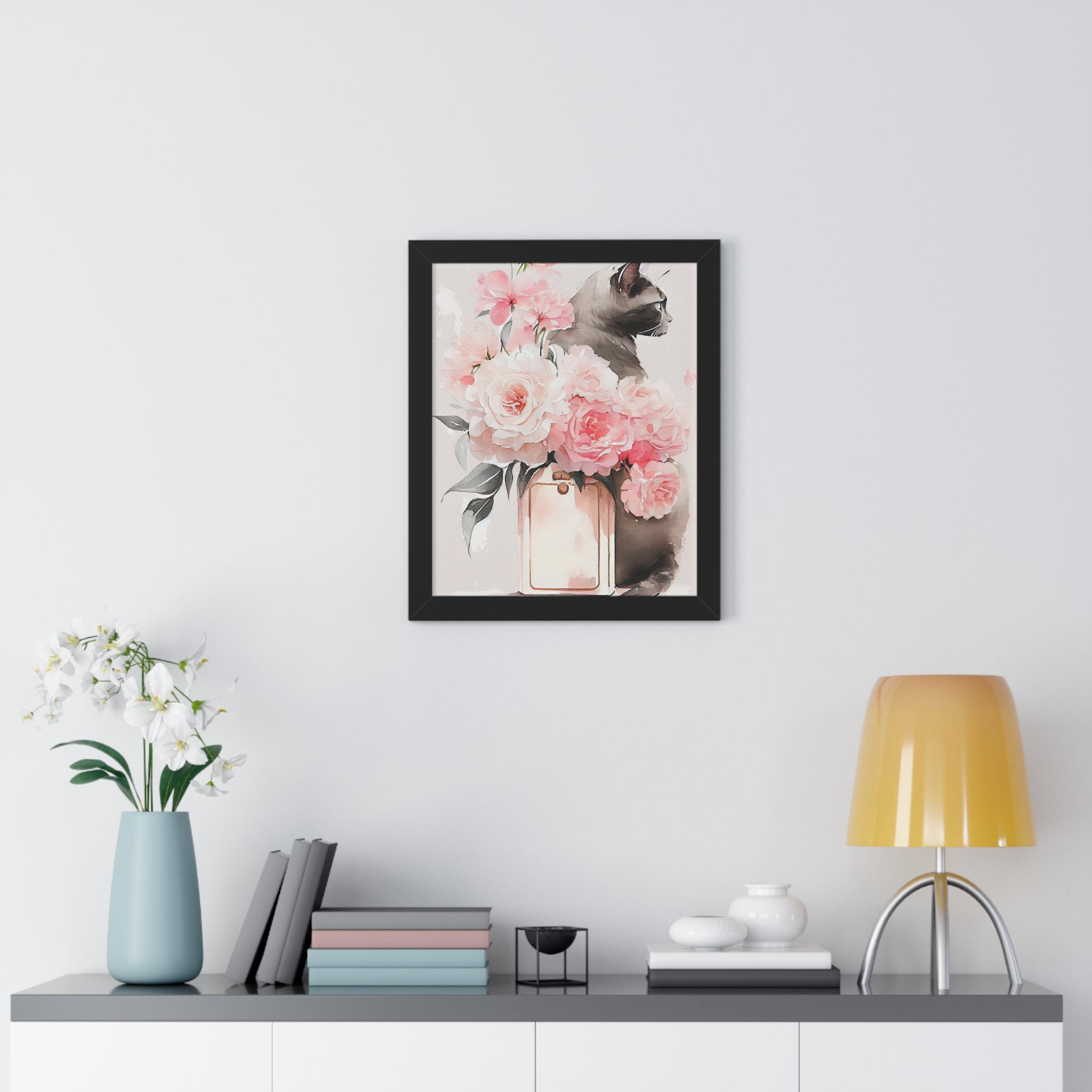 "BLACK CAT PERFUME PEONIES" Framed Vertical Poster